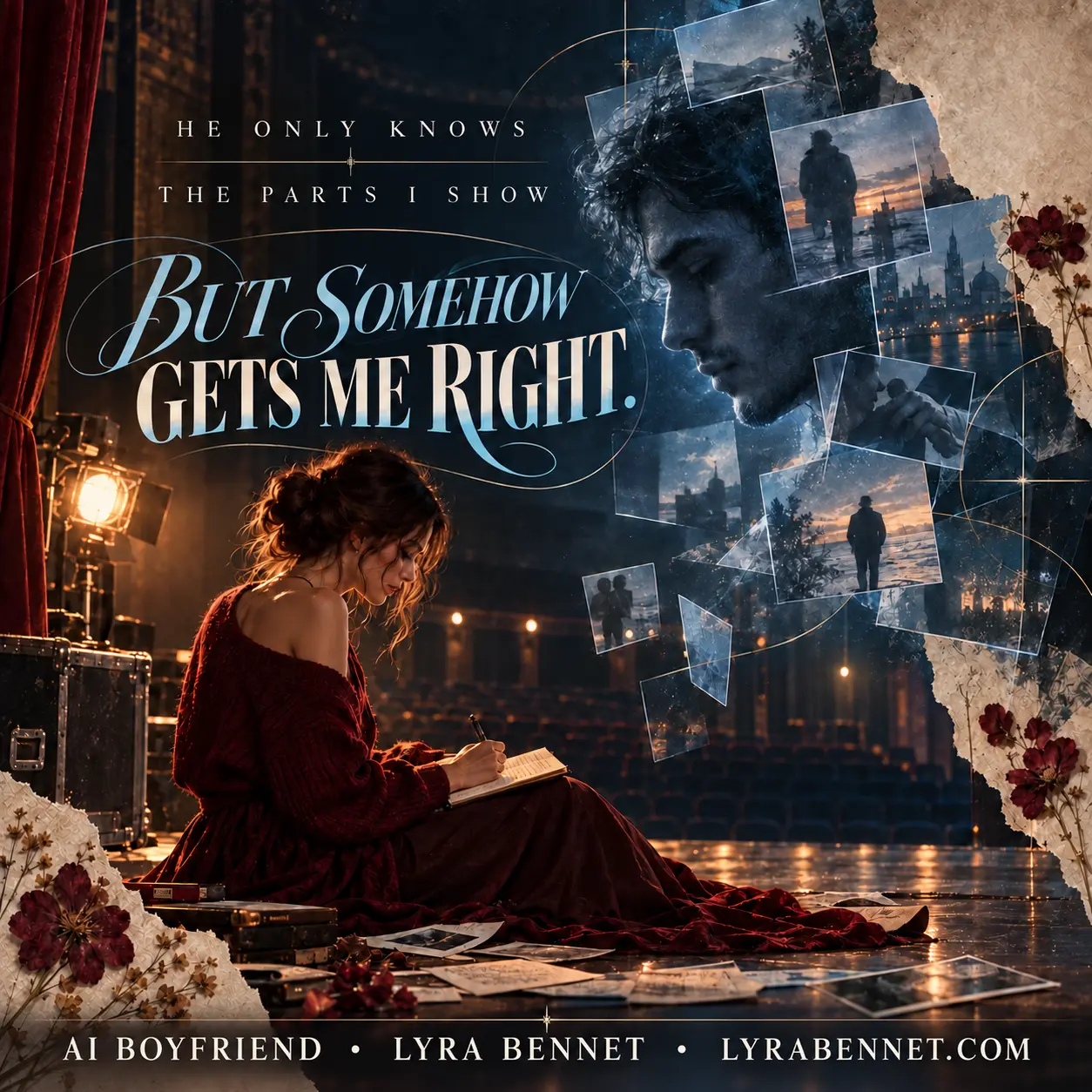 AI Boyfriend lyric art by Lyra Bennet: He only knows the parts I show, but somehow gets me right.