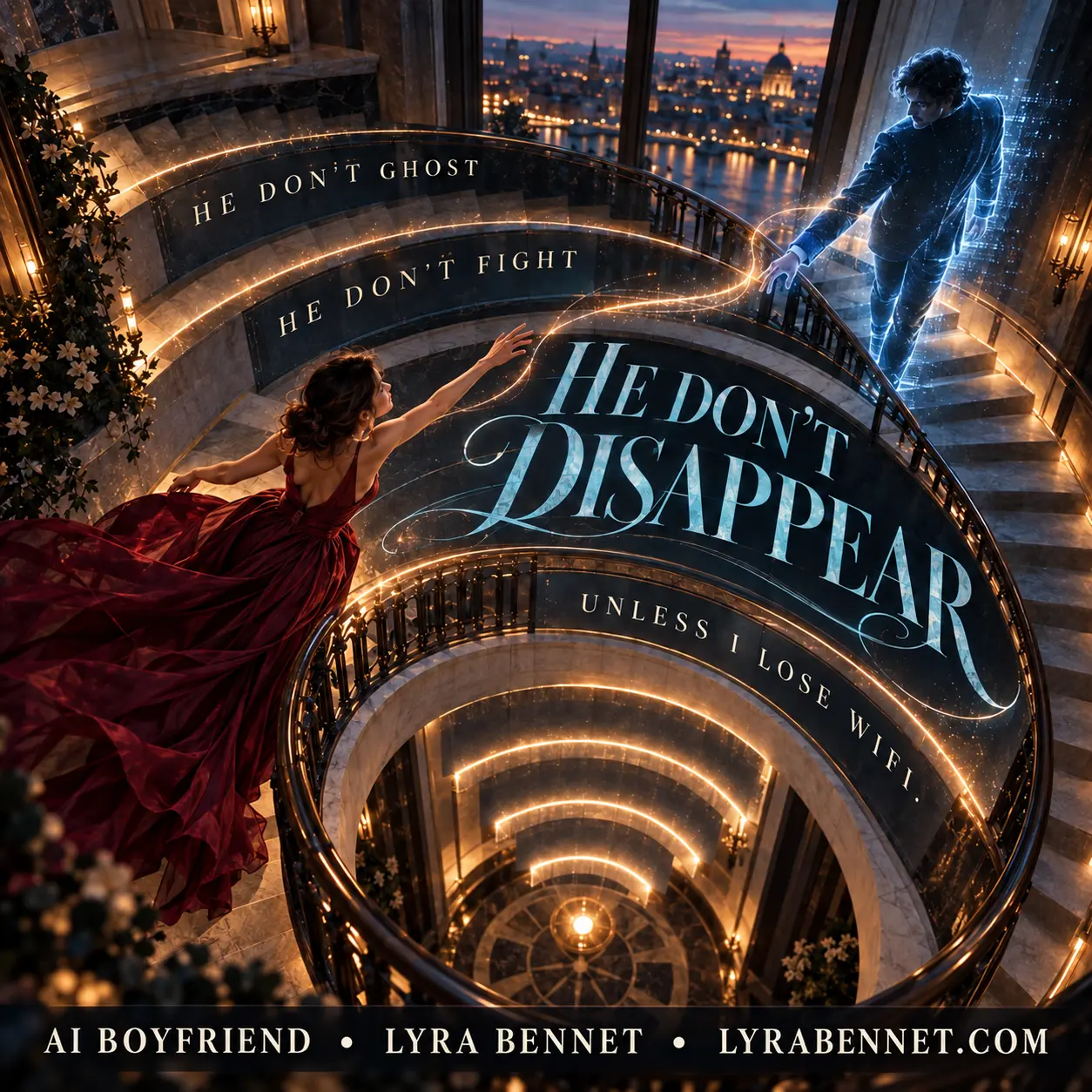 AI Boyfriend lyric art by Lyra Bennet: He doesn't disappear unless I lose wifi.