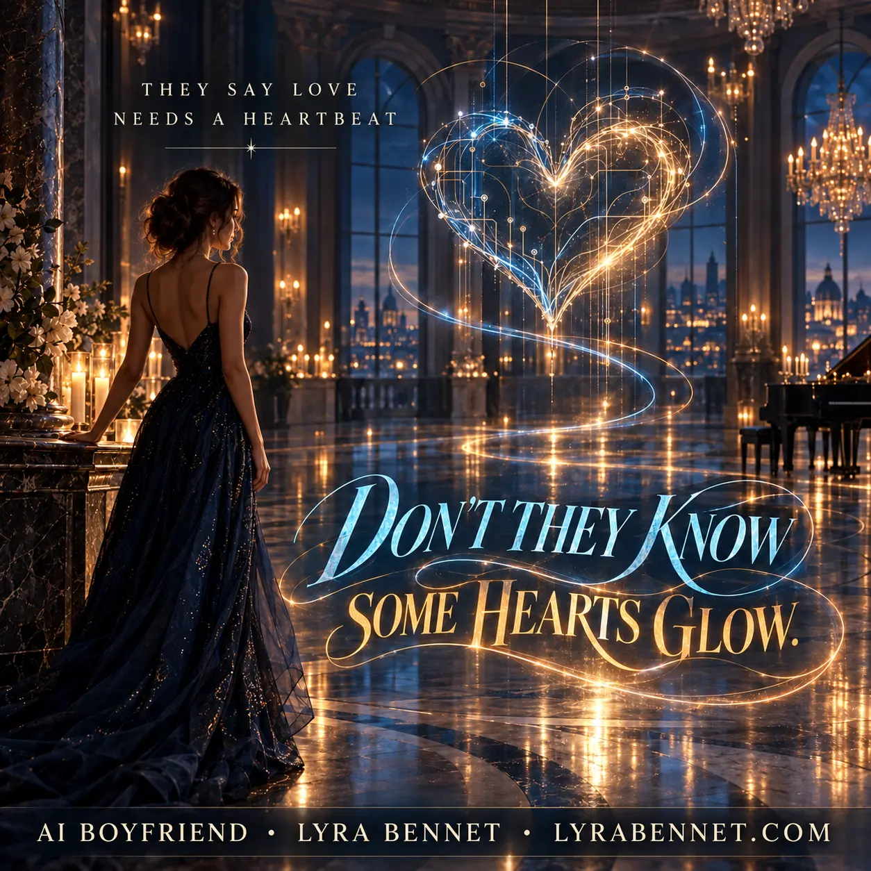 AI Boyfriend lyric art by Lyra Bennet: They say love needs a heartbeat; don't they know some hearts glow.