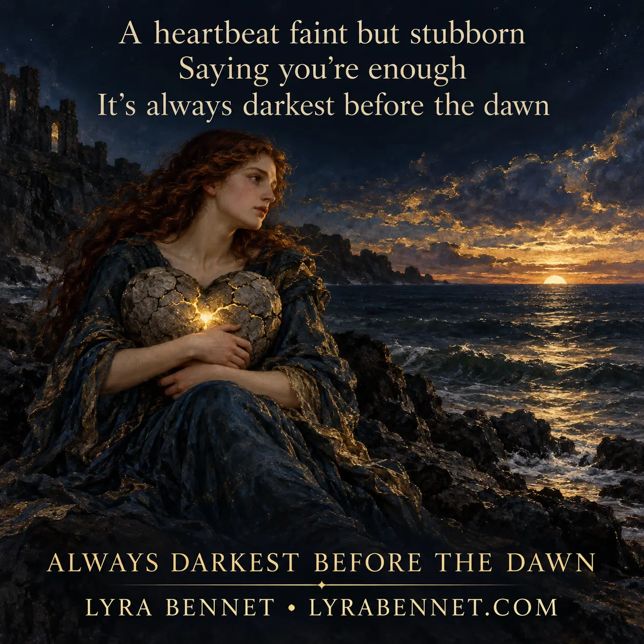 Always Darkest Before the Dawn lyric art by Lyra Bennet: A heartbeat faint but stubborn, Saying you're enough, It's always darkest before the dawn