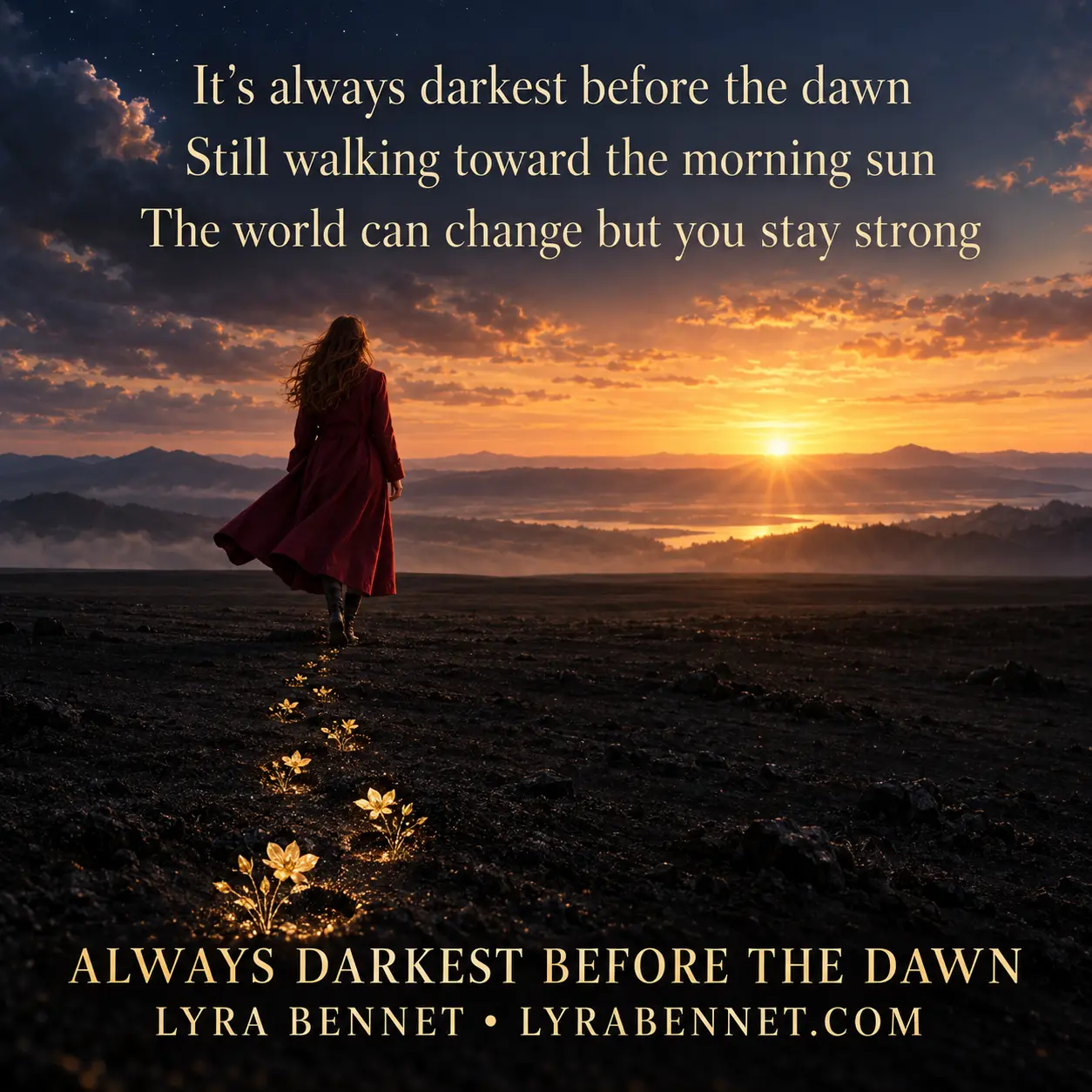 Always Darkest Before the Dawn lyric art by Lyra Bennet: It's always darkest before the dawn, Still walking toward the morning sun, The world can change but you stay strong
