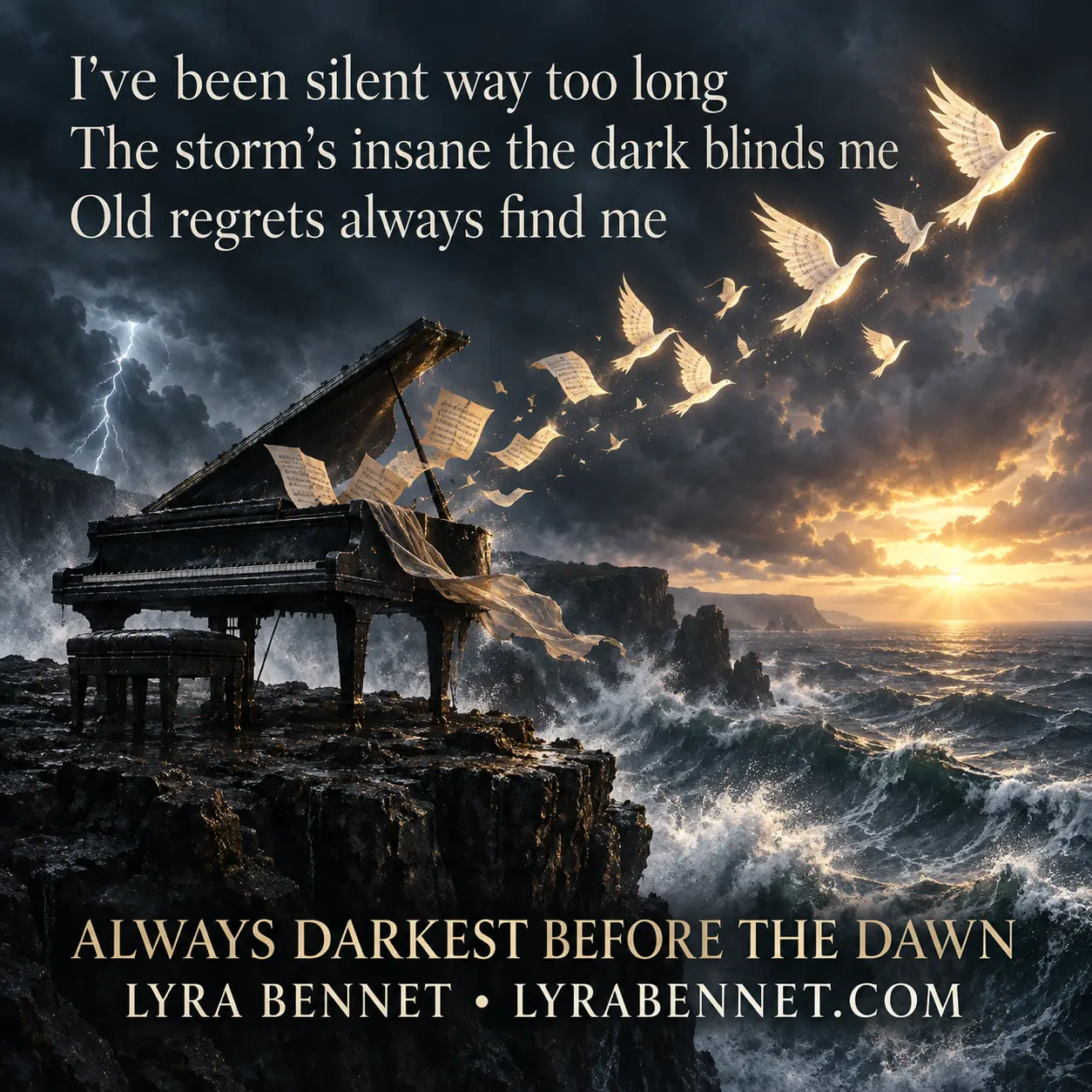 Always Darkest Before the Dawn lyric art by Lyra Bennet: I've been silent way too long, The storm's insane the dark blinds me, Old regrets always find me