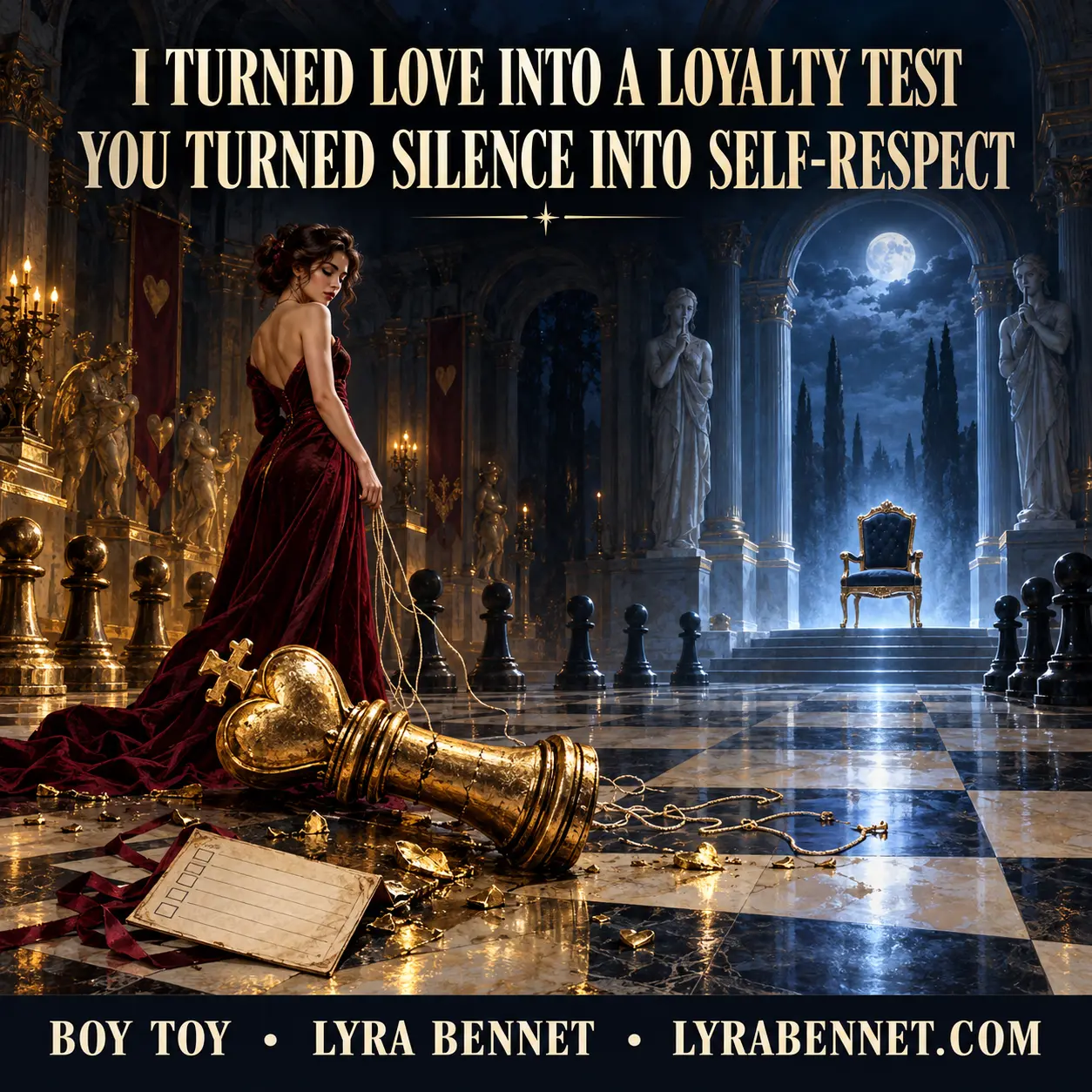 Boy Toy lyric art by Lyra Bennet: I turned love into a loyalty test; you turned silence into self-respect, visualized as a toppled heart-shaped chess king in a grand midnight hall.