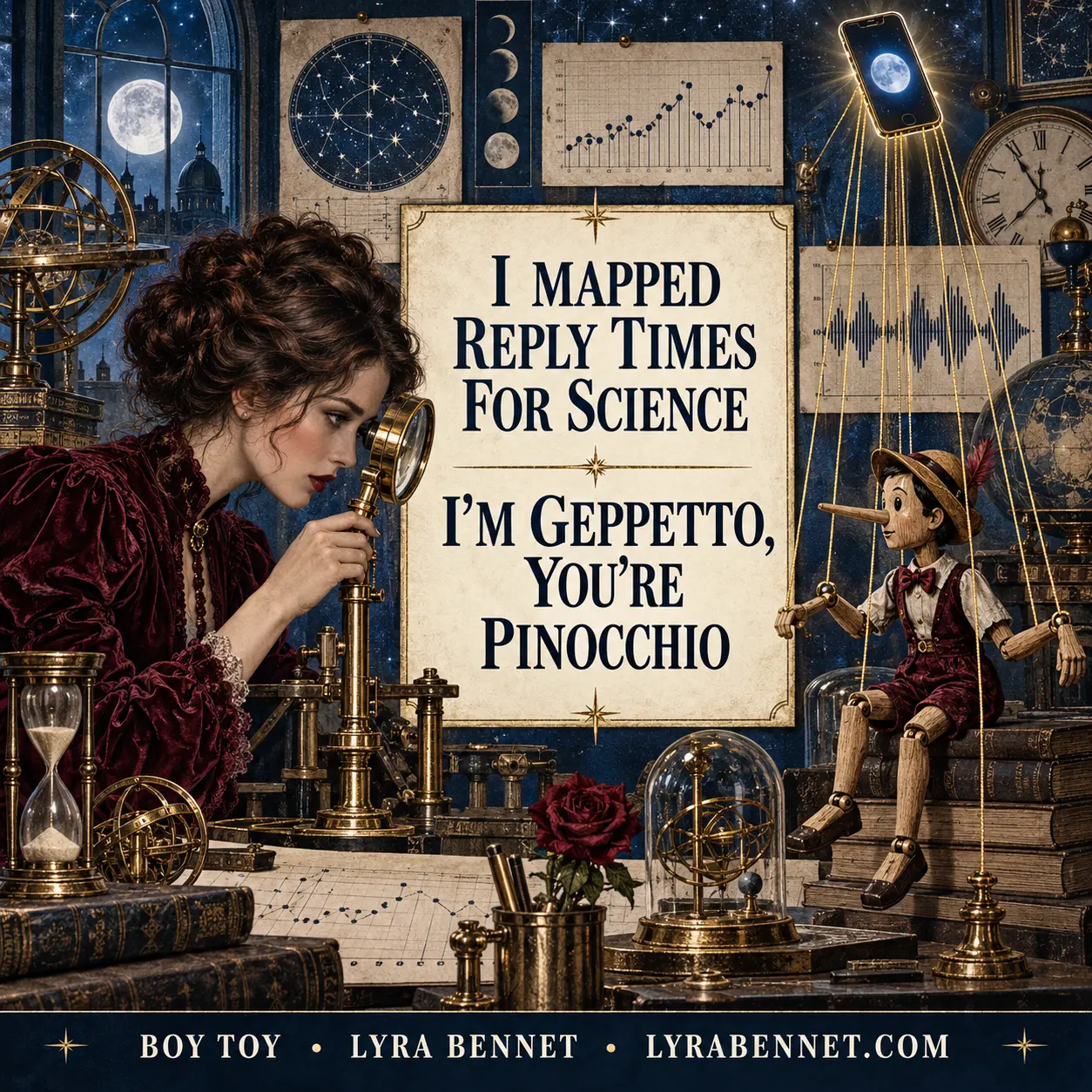 Boy Toy lyric art by Lyra Bennet: I mapped reply times for science; I am Geppetto, you are Pinocchio, visualized as an ornate observatory laboratory and marionette experiment.