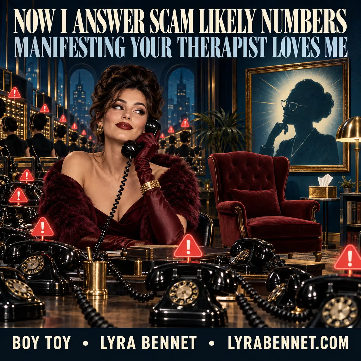 Boy Toy lyric art by Lyra Bennet: Now I answer scam likely numbers, manifesting your therapist loves me, visualized as a glamorous surreal telephone exchange and therapy salon.