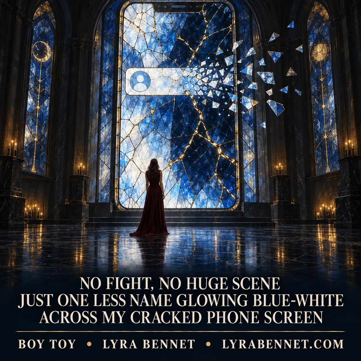 Boy Toy lyric art by Lyra Bennet: No fight, no huge scene, just one less name glowing blue-white across my cracked phone screen, visualized as a monumental phone-shaped stained-glass window breaking into silence.