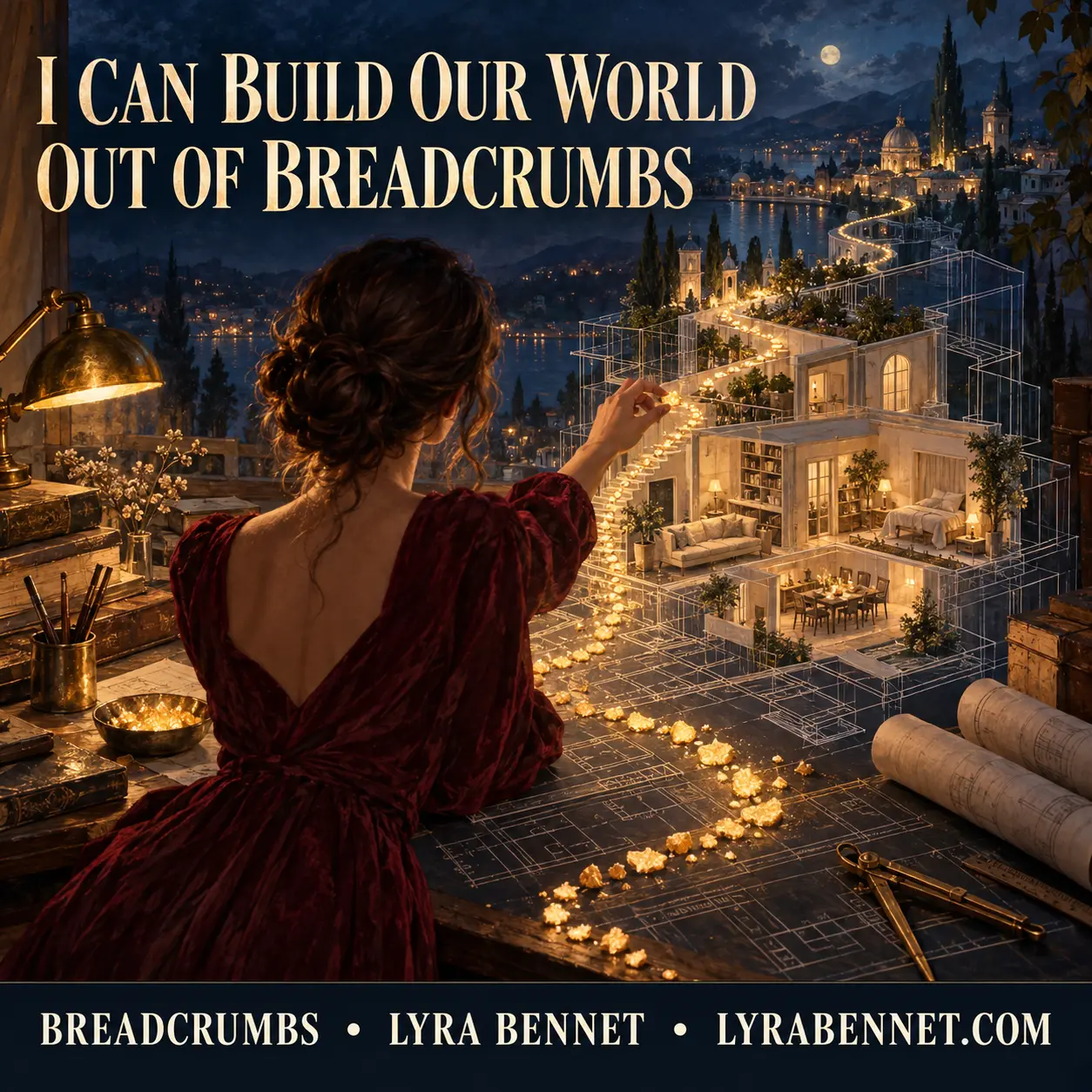 Breadcrumbs lyric art by Lyra Bennet: I can build our world out of breadcrumbs, visualized as a glowing future home rising from a trail of golden crumbs.