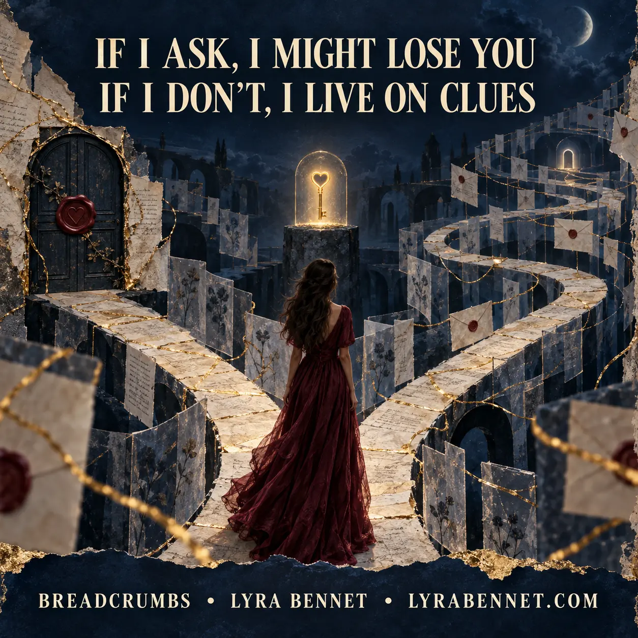 Breadcrumbs lyric art by Lyra Bennet: If I ask, I might lose you; if I do not, I live on clues, visualized as a maze of letters and diverging paths.