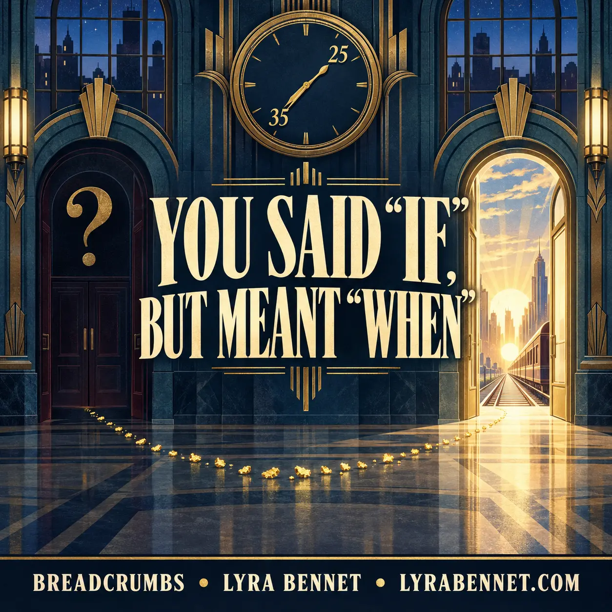 Breadcrumbs lyric art by Lyra Bennet: You said if, but meant when, visualized as two Art Deco thresholds and a clock moving from twenty-five toward thirty-five.