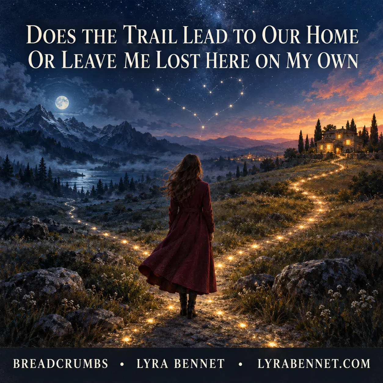 Breadcrumbs lyric art by Lyra Bennet: Does the trail lead to our home or leave me lost here on my own, visualized as a luminous path dividing between a warm house and a cold wilderness.