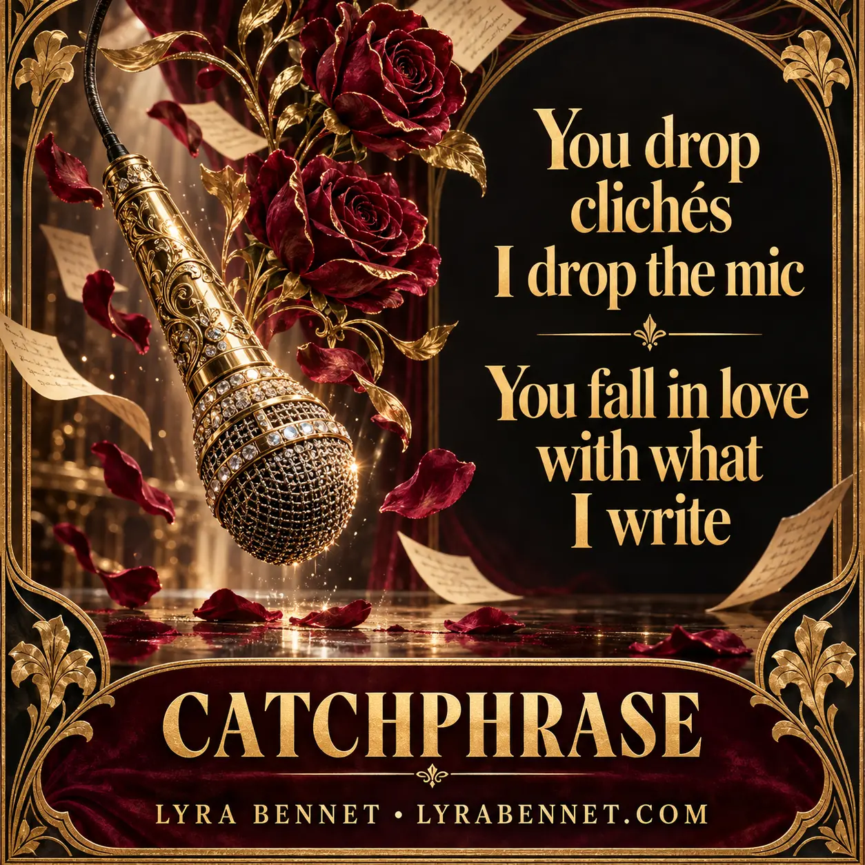 Catchphrase lyric art by Lyra Bennet: You drop clichés I drop the mic, You fall in love with what I write
