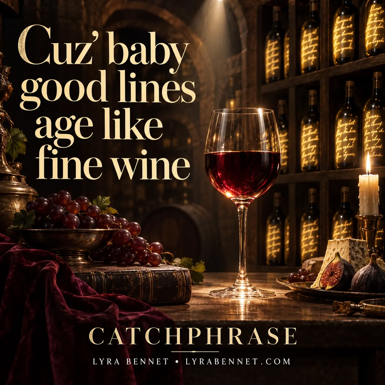 Catchphrase lyric art by Lyra Bennet: Cuz' baby good lines age like fine wine