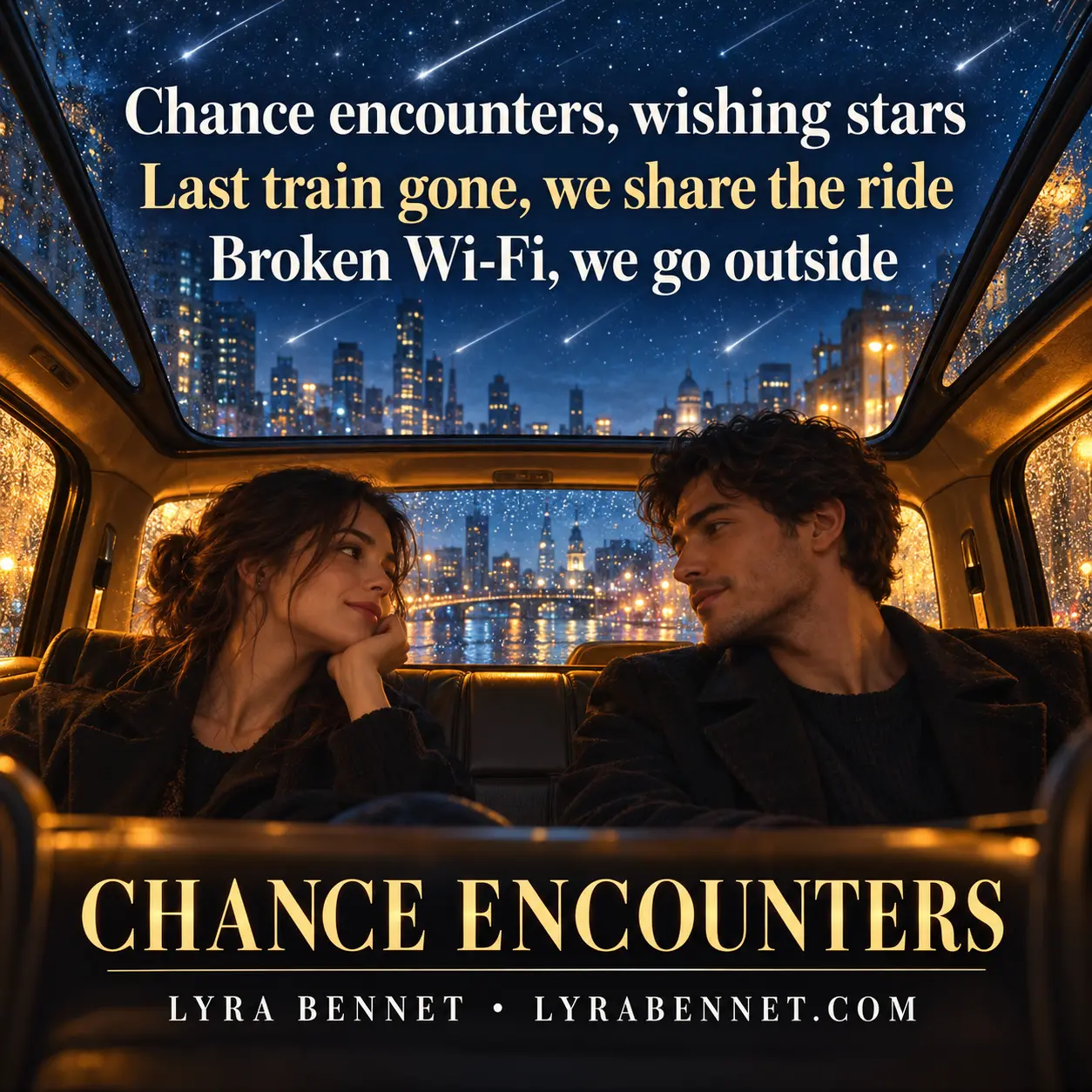 Chance Encounters lyric art by Lyra Bennet: Chance encounters, wishing stars, Last train gone, we share the ride, Broken Wi-Fi, we go outside
