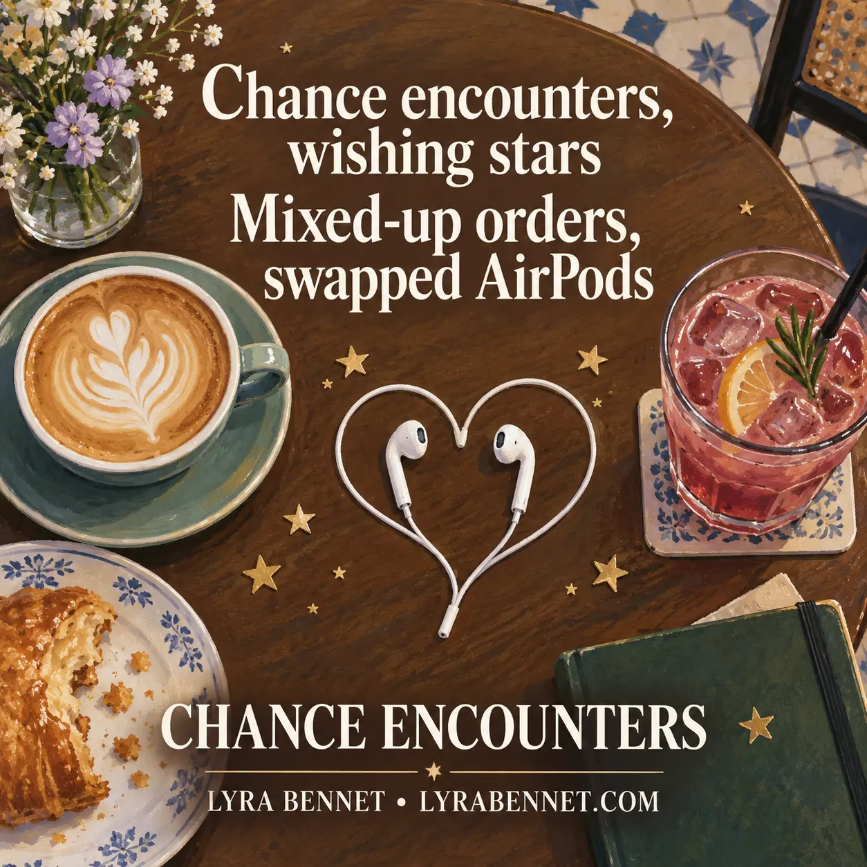 Chance Encounters lyric art by Lyra Bennet: Chance encounters, wishing stars, Mixed-up orders, swapped AirPods