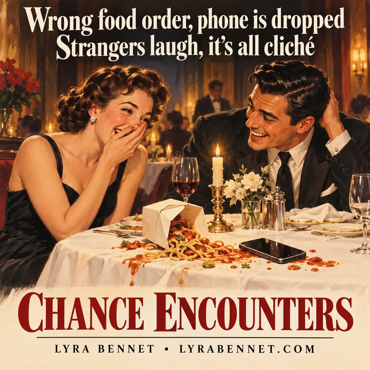 Chance Encounters lyric art by Lyra Bennet: Wrong food order, phone is dropped, Strangers laugh, it's all cliché