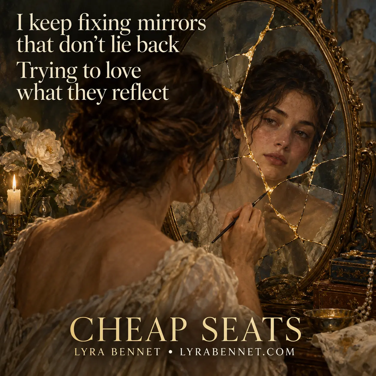 Cheap Seats lyric art by Lyra Bennet: I keep fixing mirrors that don’t lie back, Trying to love what they reflect