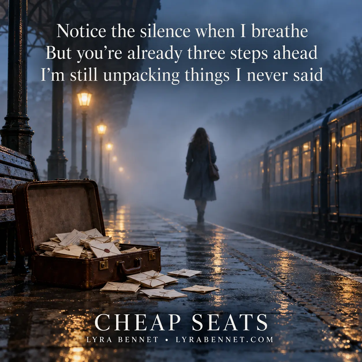 Cheap Seats lyric art by Lyra Bennet: Notice the silence when I breathe, But you’re already three steps ahead, I’m still unpacking things I never said