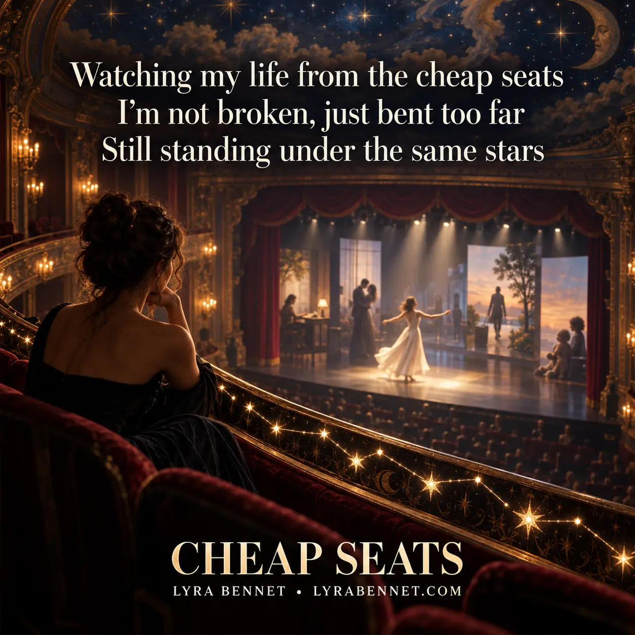 Cheap Seats lyric art by Lyra Bennet: Watching my life from the cheap seats, I’m not broken, just bent too far, Still standing under the same stars
