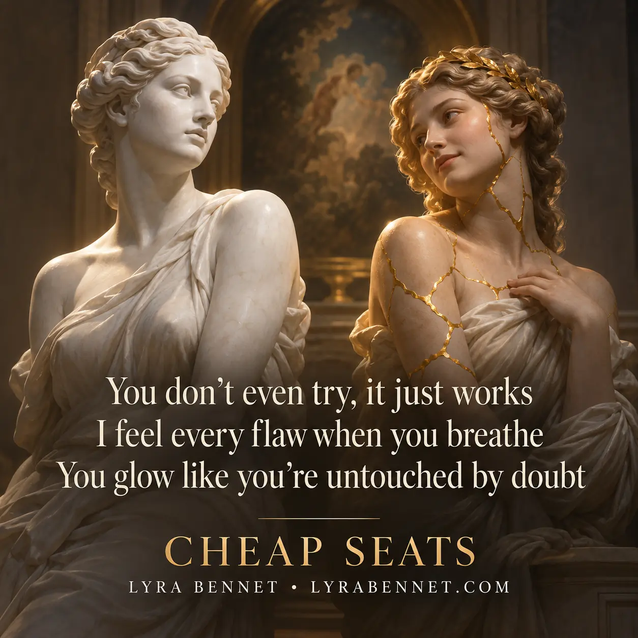 Cheap Seats lyric art by Lyra Bennet: You don’t even try, it just works, I feel every flaw when you breathe, You glow like you’re untouched by doubt