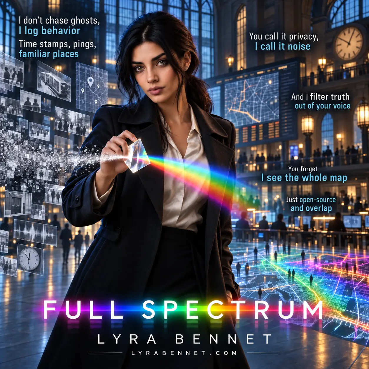 Full Spectrum lyric art by Lyra Bennet: I don't chase ghosts, I log behavior. Time stamps, pings, familiar places. You call it privacy, I call it noise. And I filter truth out of your voice. You forget I see the whole map. Just open-source and overlap.