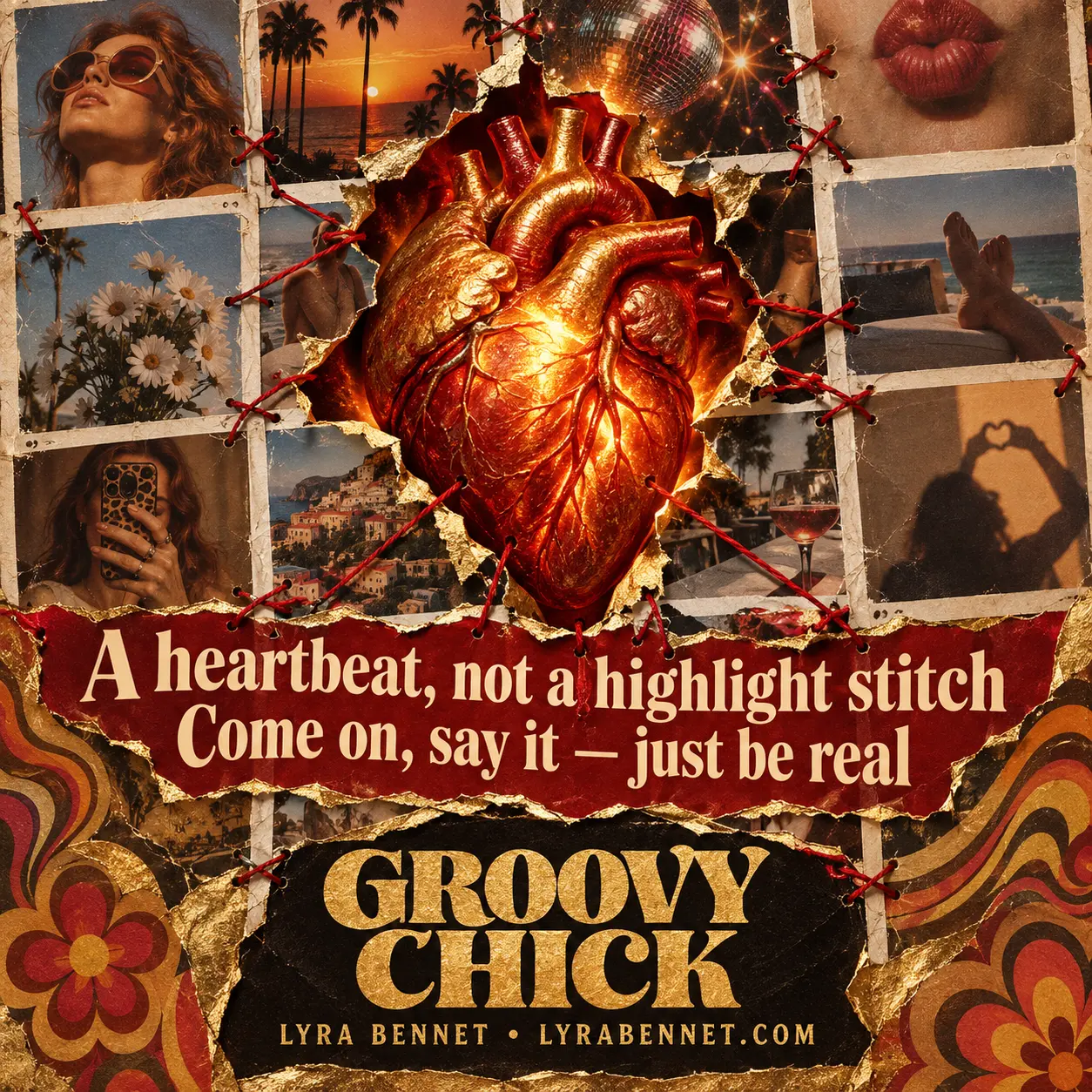 Groovy Chick lyric art by Lyra Bennet: A heartbeat, not a highlight stitch, Come on, say it — just be real