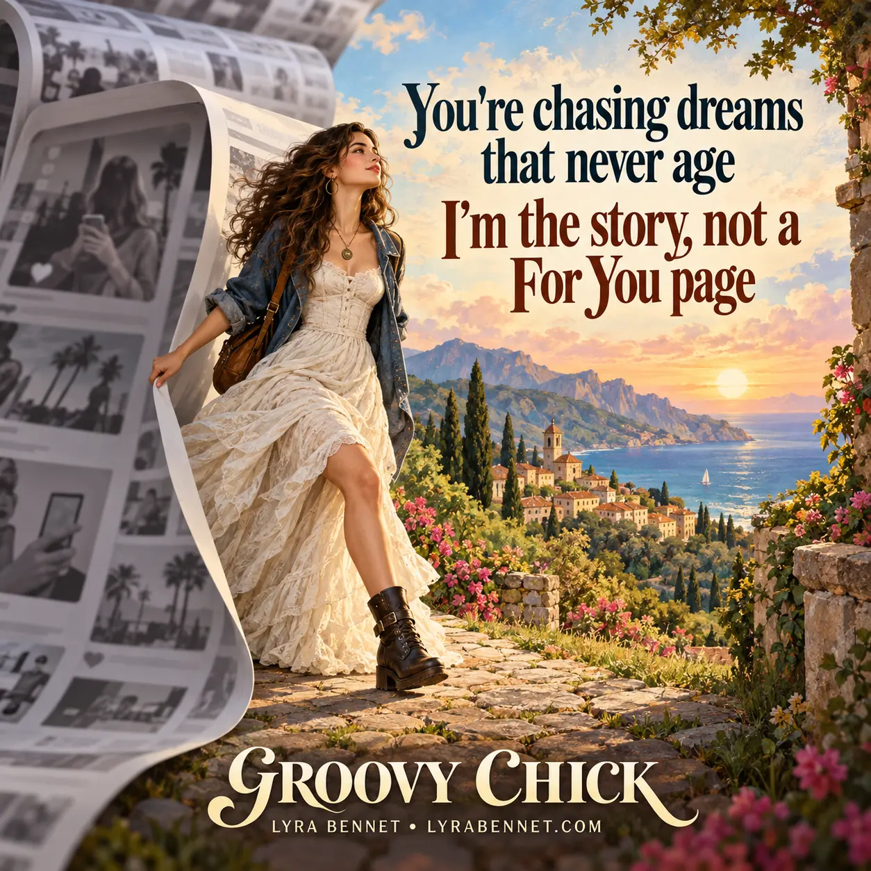 Groovy Chick lyric art by Lyra Bennet: You're chasing dreams that never age, I'm the story, not a For You page