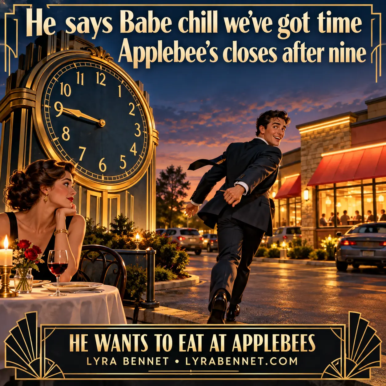 He Wants to Eat at Applebees lyric art by Lyra Bennet: He says Babe chill we've got time, Applebee's closes after nine