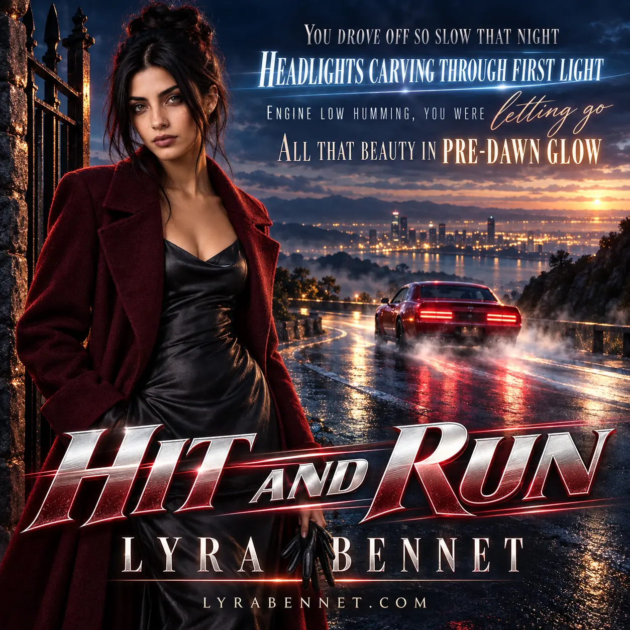 Hit and Run lyric art by Lyra Bennet: You drove off so slow that night. Headlights carving through first light. Engine low humming, you were letting go. All that beauty in pre-dawn glow.