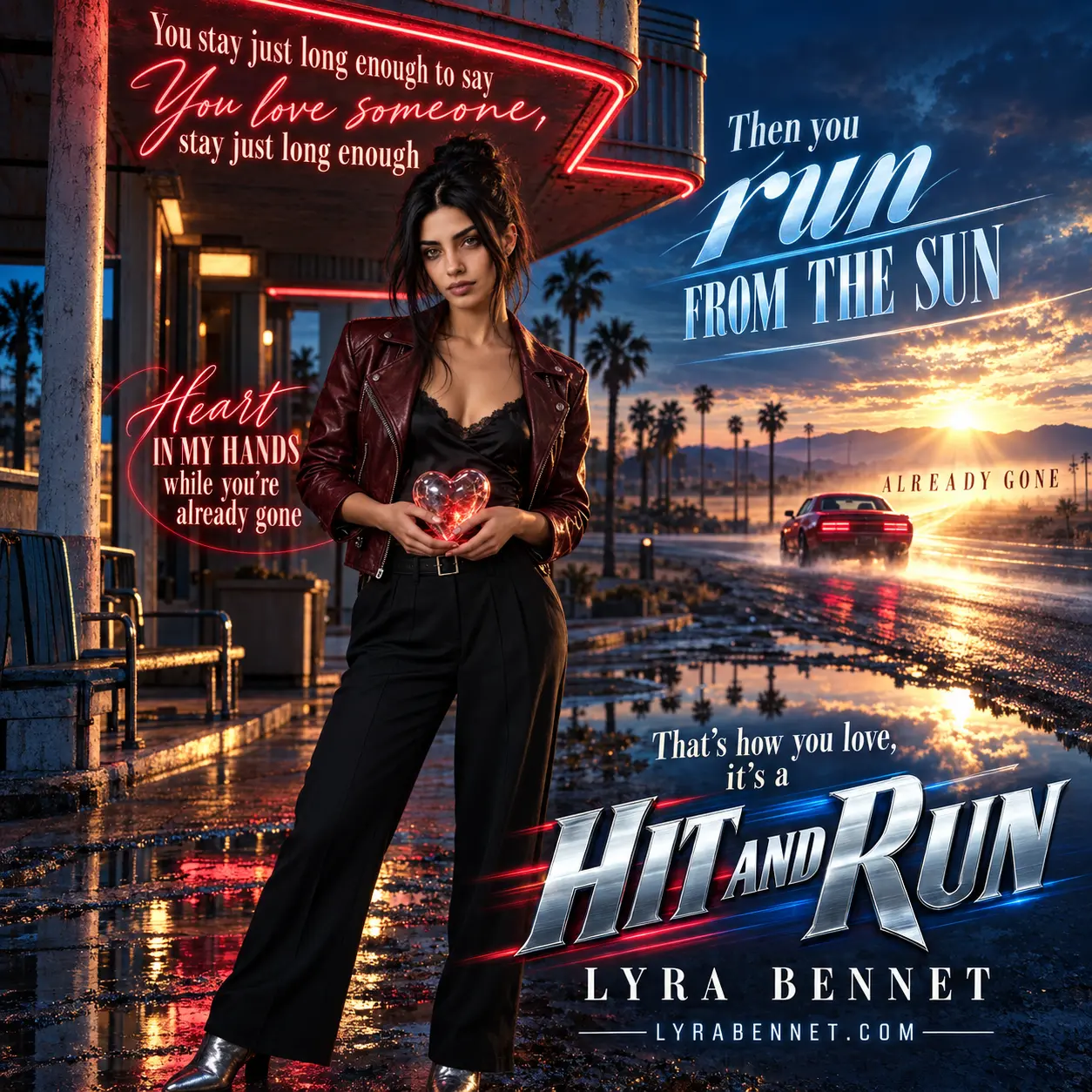 Hit and Run lyric art by Lyra Bennet: You stay just long enough to say. You love someone, stay just long enough. Then you run from the sun. Heart in my hands while you're already gone. That's how you love, it's a hit and run.