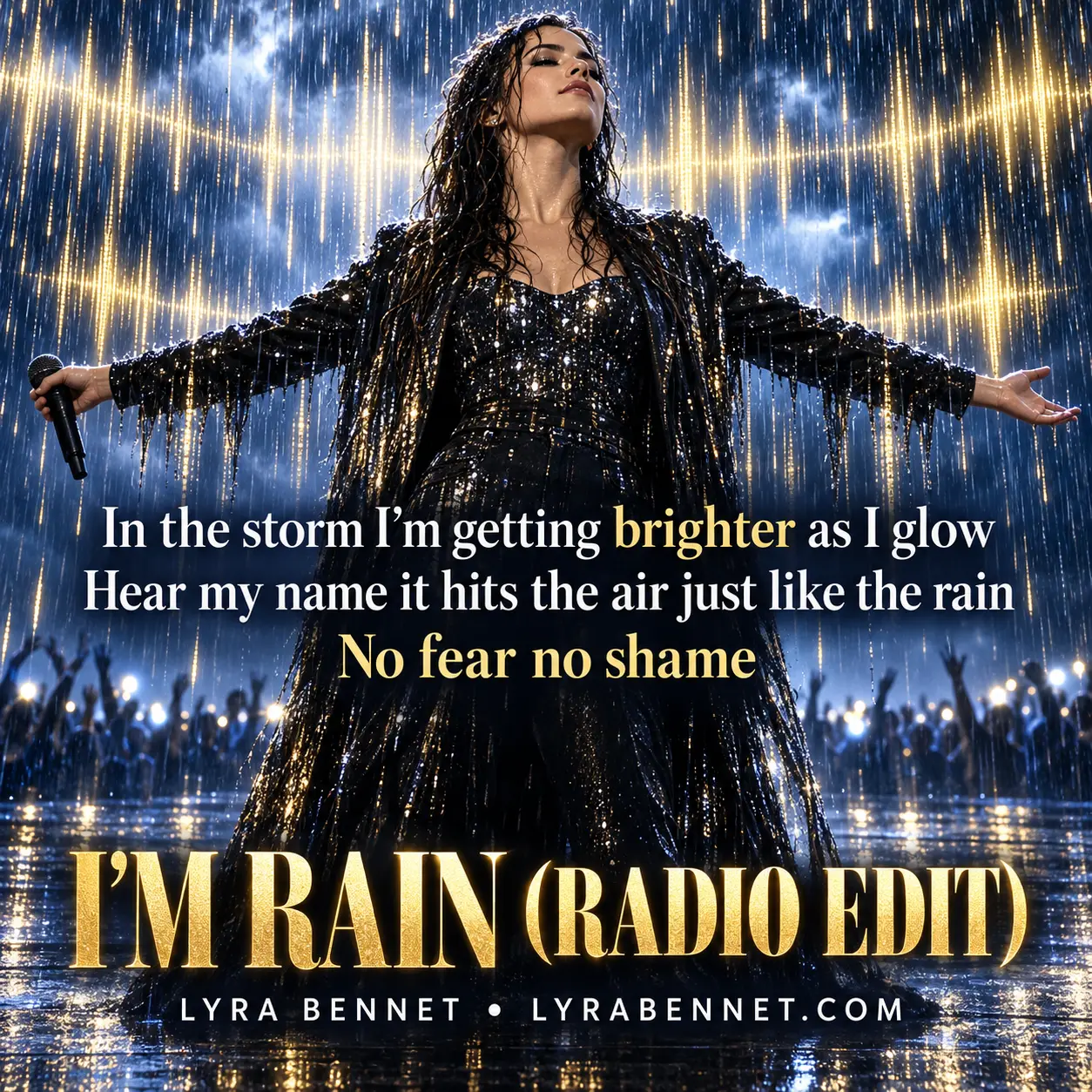 I’m Rain (Radio Edit) lyric art by Lyra Bennet: In the storm I'm getting brighter as I glow, Hear my name it hits the air just like the rain, No fear no shame