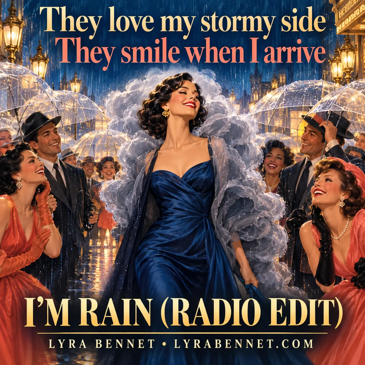 I’m Rain (Radio Edit) lyric art by Lyra Bennet: They love my stormy side, They smile when I arrive