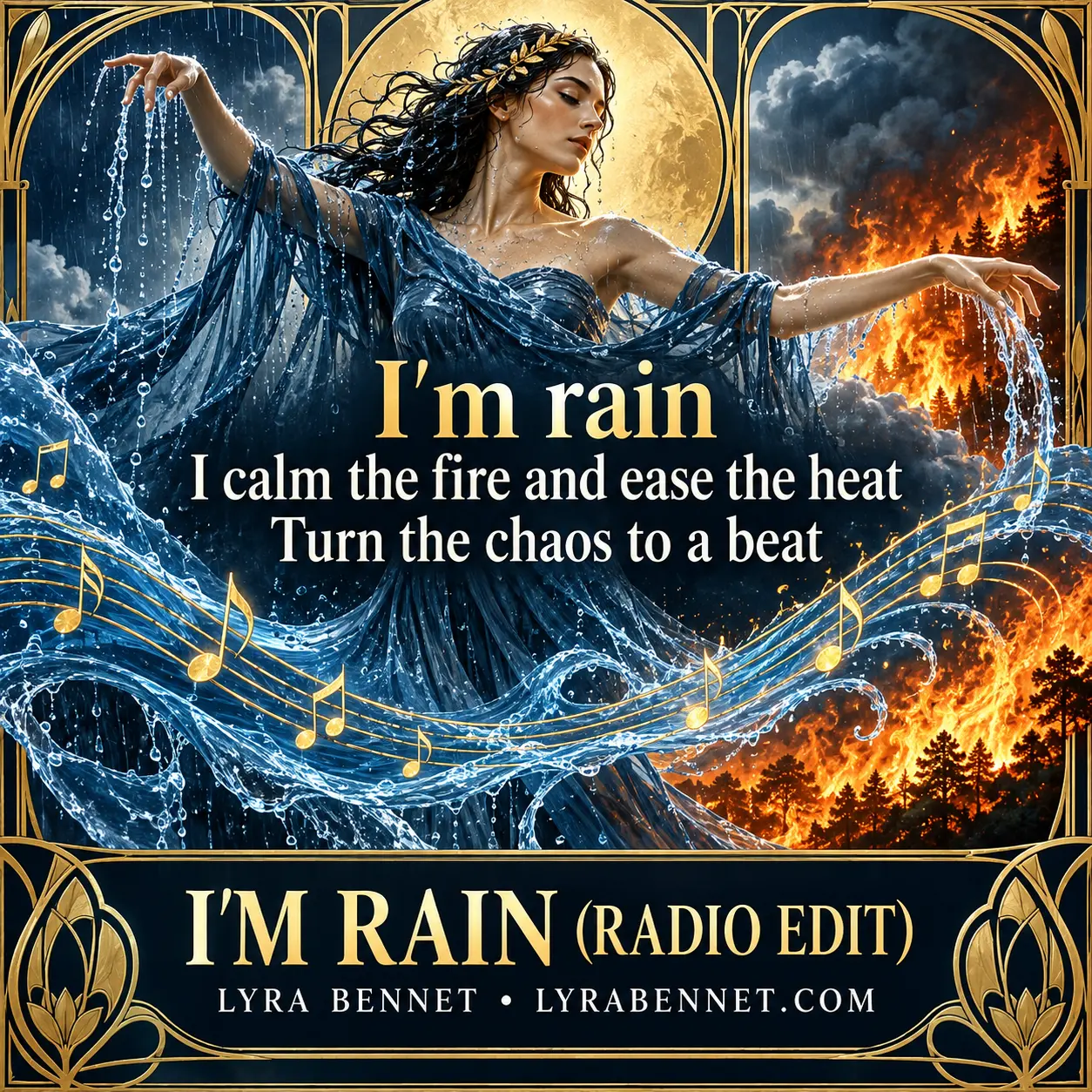 I’m Rain (Radio Edit) lyric art by Lyra Bennet: I'm rain, I calm the fire and ease the heat, Turn the chaos to a beat