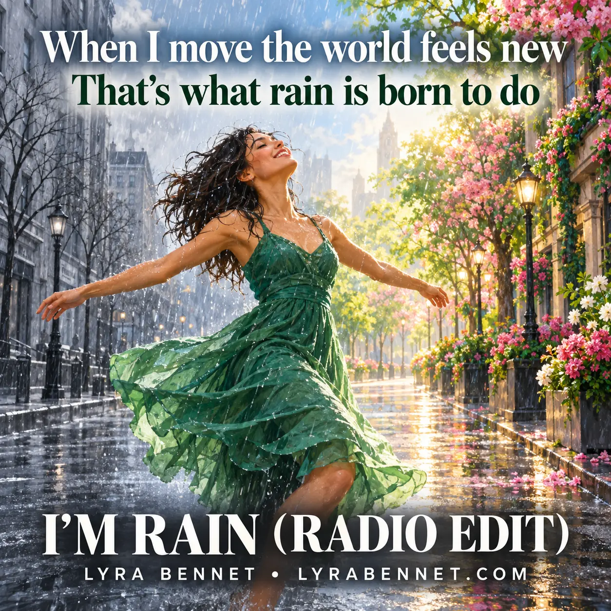 I’m Rain (Radio Edit) lyric art by Lyra Bennet: When I move the world feels new, That's what rain is born to do