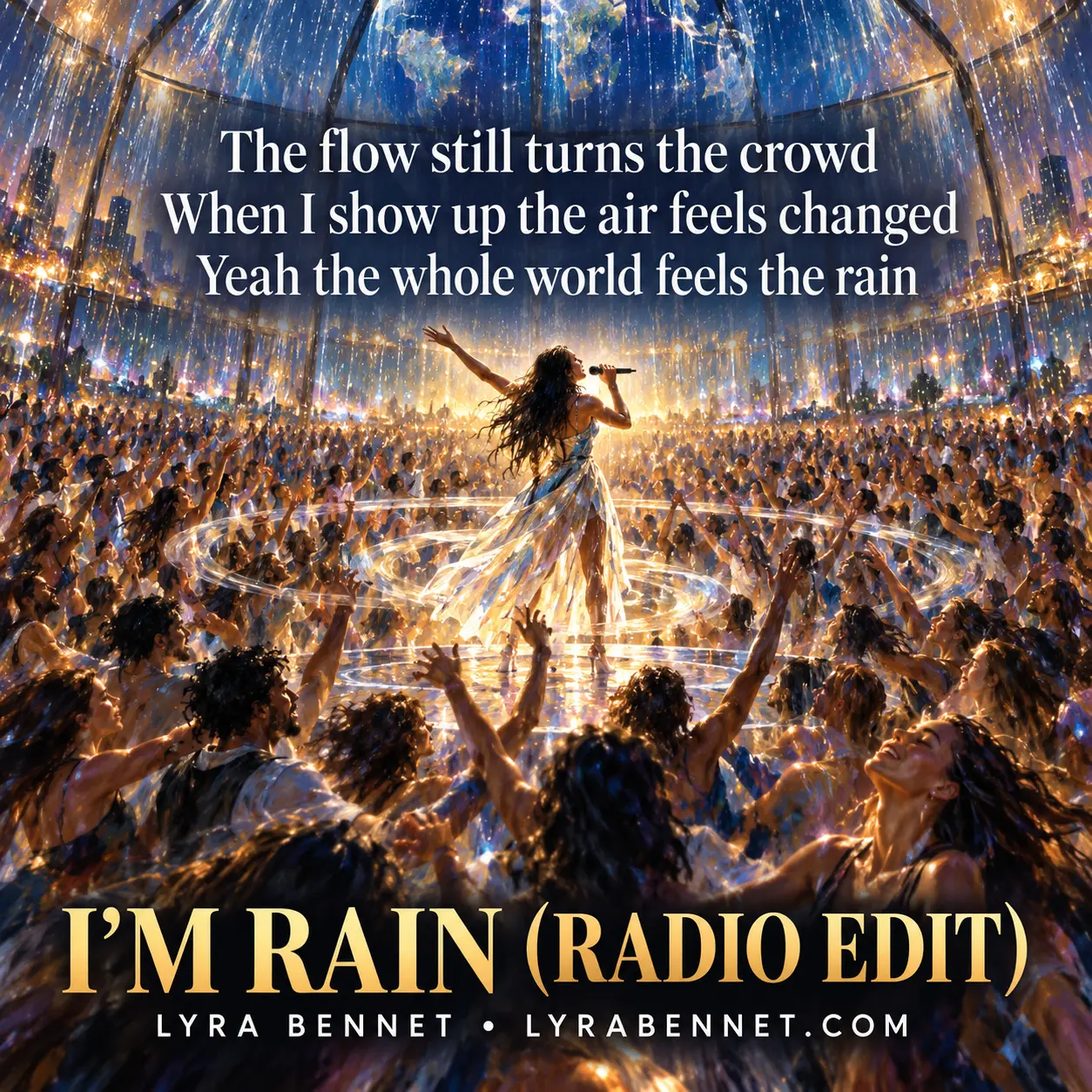 I’m Rain (Radio Edit) lyric art by Lyra Bennet: The flow still turns the crowd, When I show up the air feels changed, Yeah the whole world feels the rain