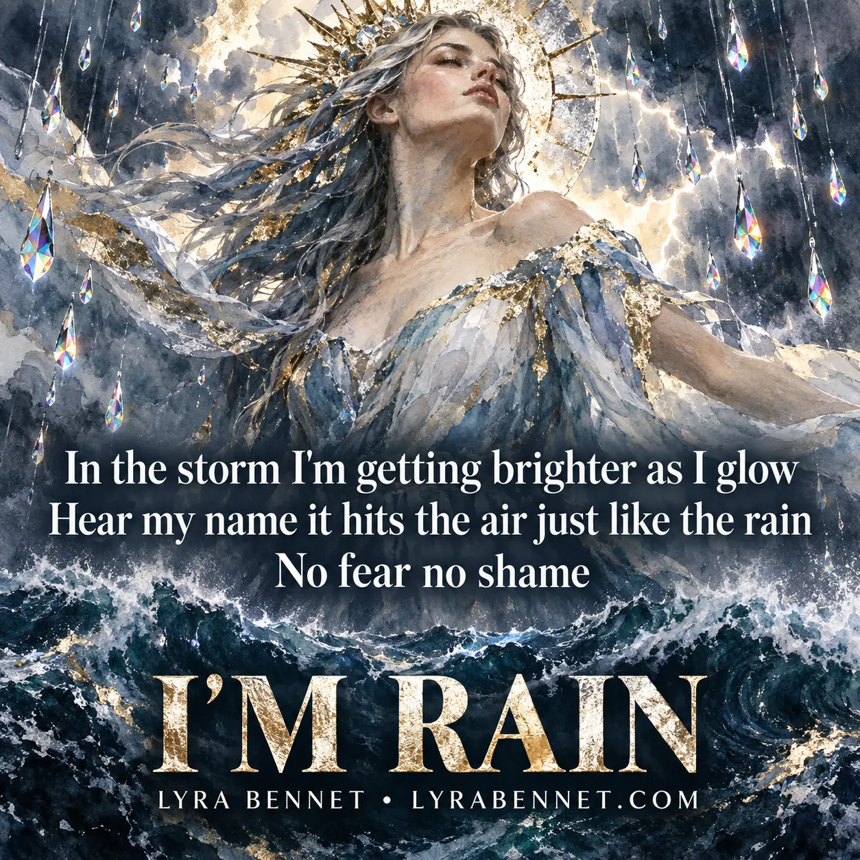 I’m Rain lyric art by Lyra Bennet: In the storm I'm getting brighter as I glow, Hear my name it hits the air just like the rain, No fear no shame