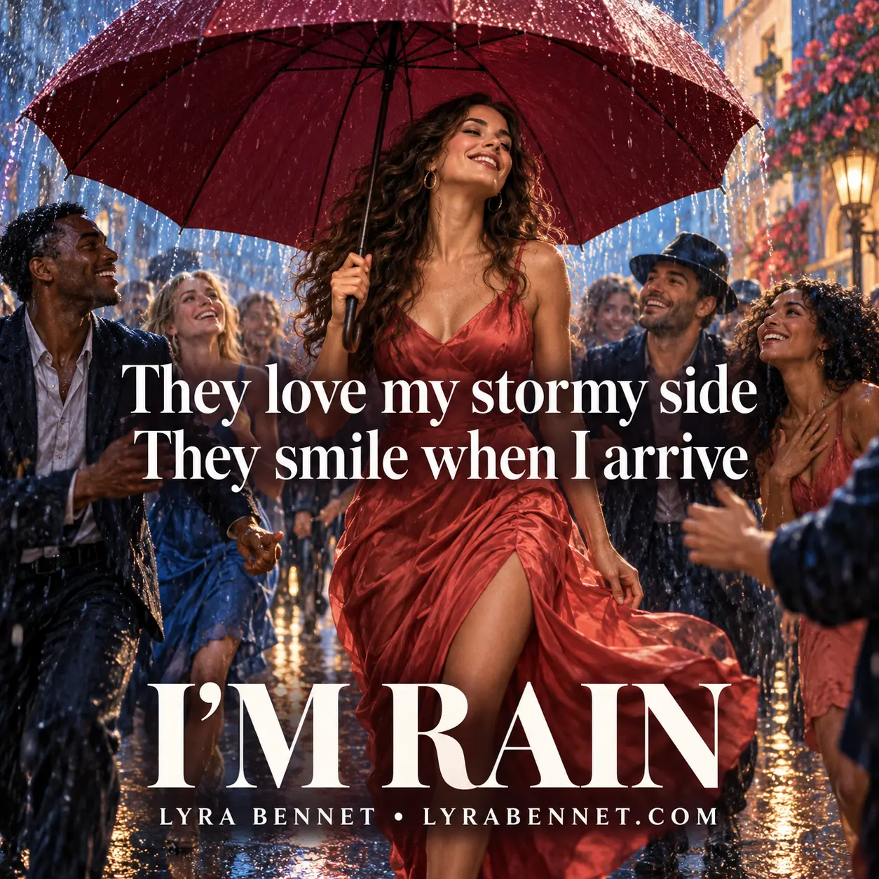 I’m Rain lyric art by Lyra Bennet: They love my stormy side, They smile when I arrive