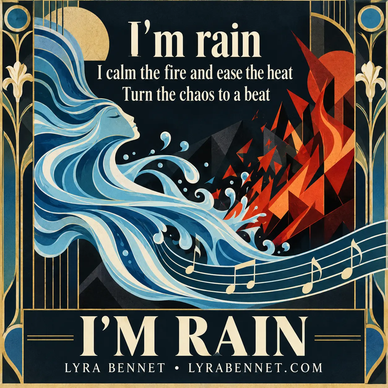I’m Rain lyric art by Lyra Bennet: I'm rain, I calm the fire and ease the heat, Turn the chaos to a beat
