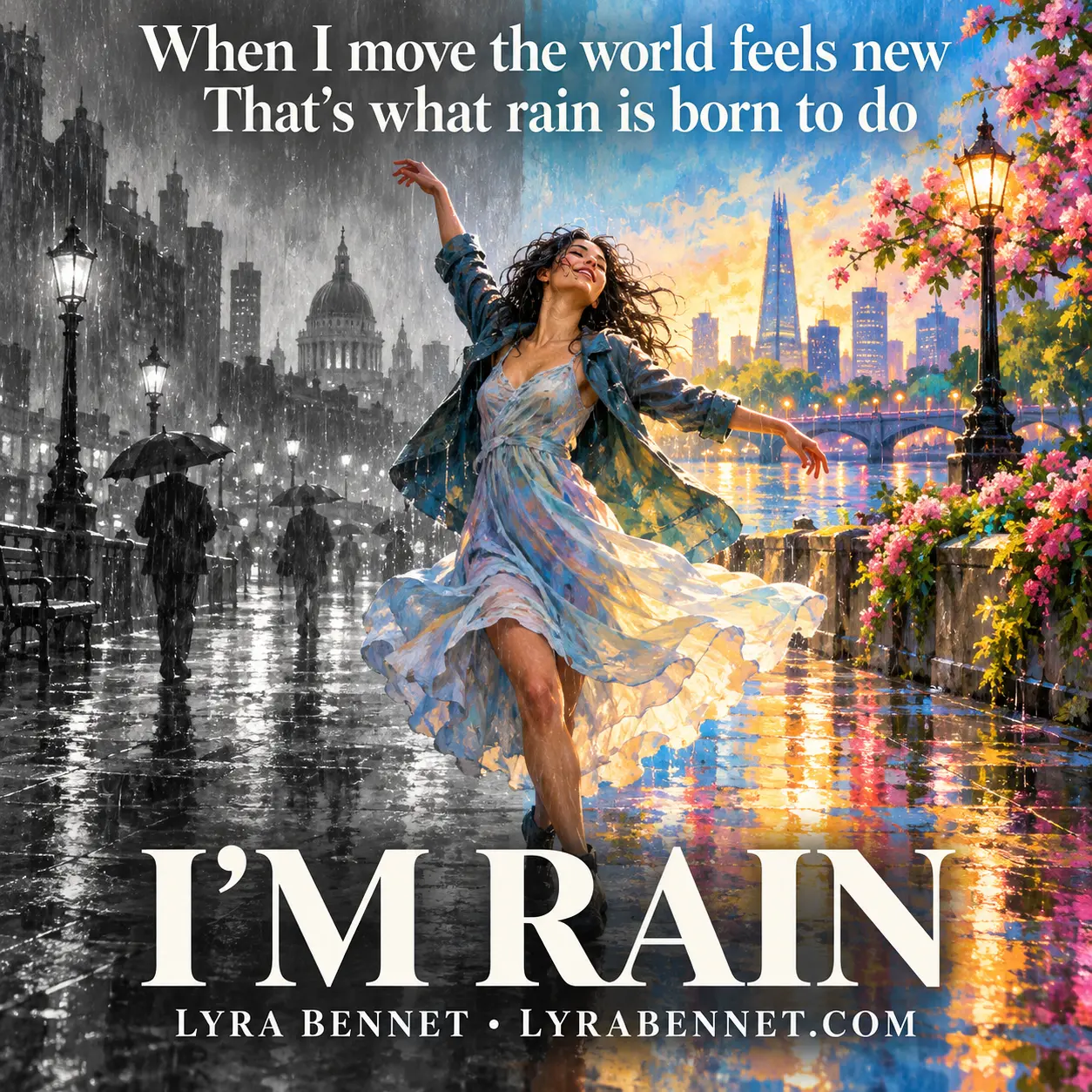 I’m Rain lyric art by Lyra Bennet: When I move the world feels new, That's what rain is born to do