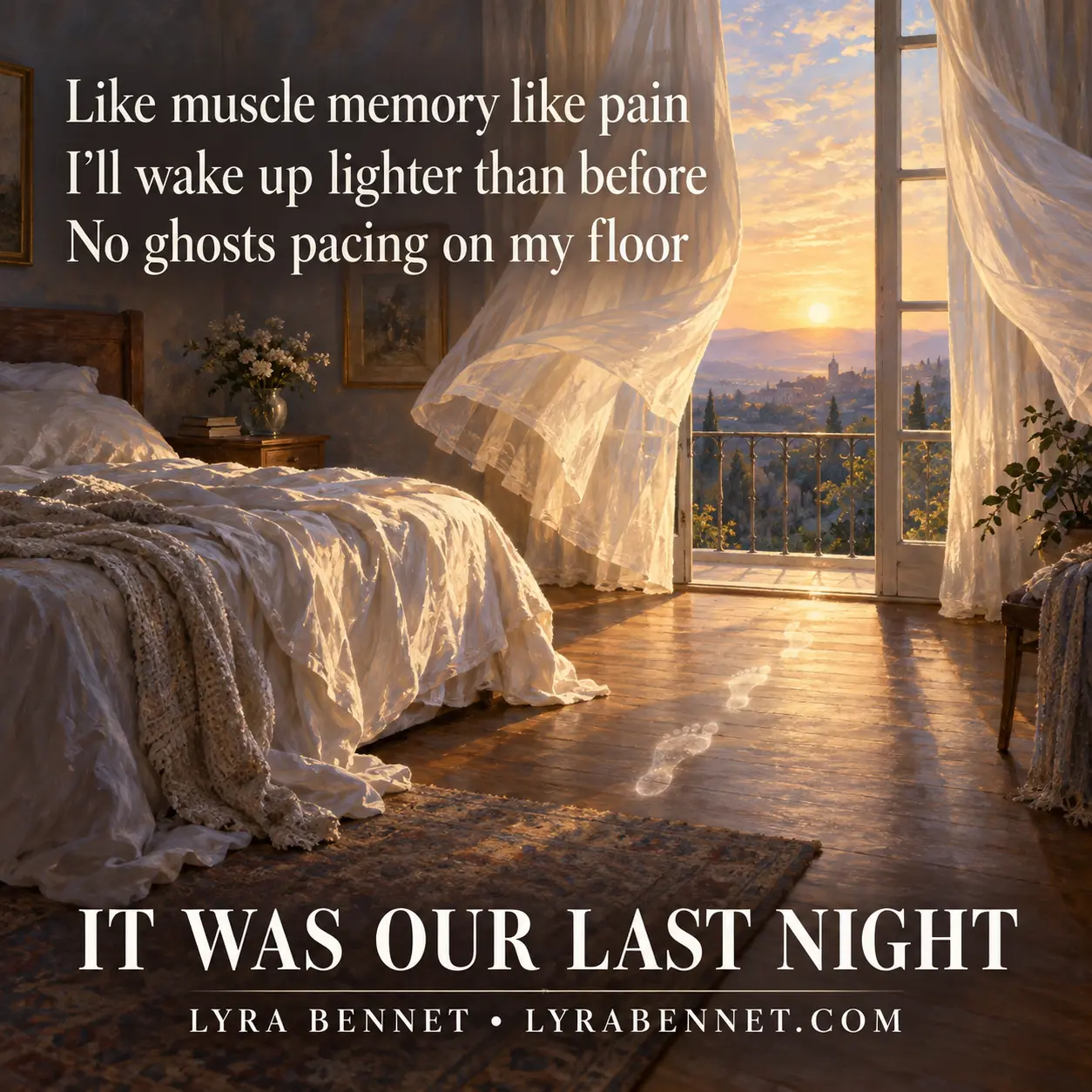 It Was Our Last Night lyric art by Lyra Bennet: Like muscle memory like pain, I'll wake up lighter than before, No ghosts pacing on my floor