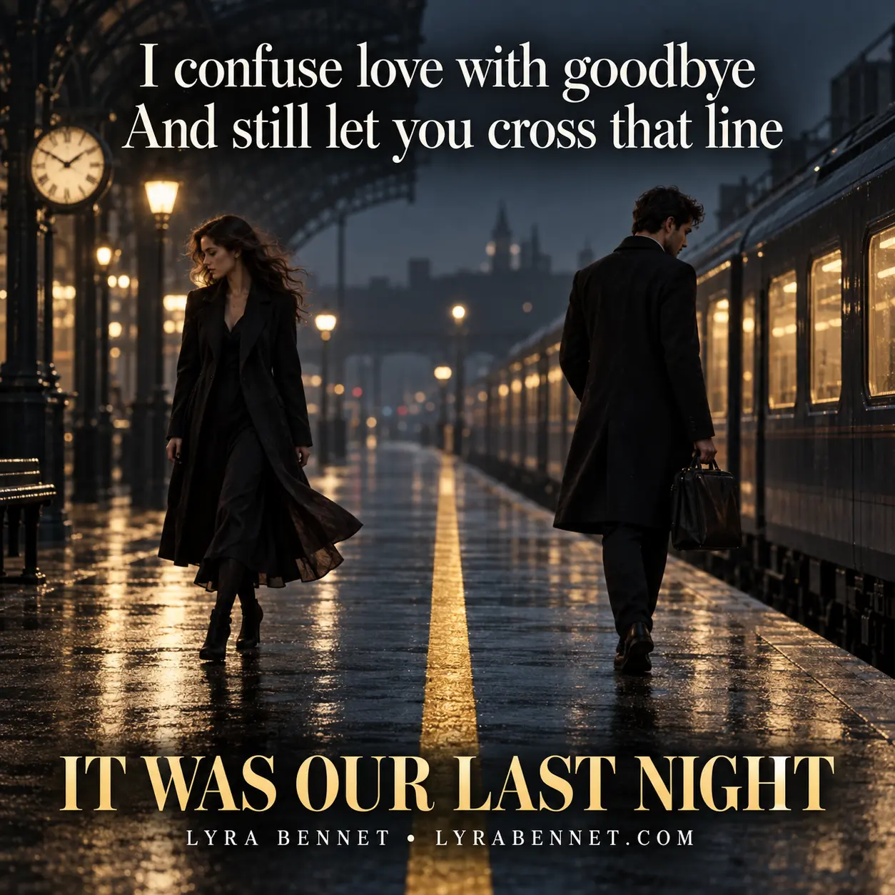 It Was Our Last Night lyric art by Lyra Bennet: I confuse love with goodbye, And still let you cross that line