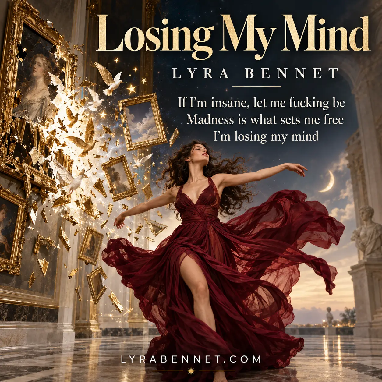 Losing My Mind lyric art by Lyra Bennet: If I'm insane, let me fucking be, Madness is what sets me free, I'm losing my mind