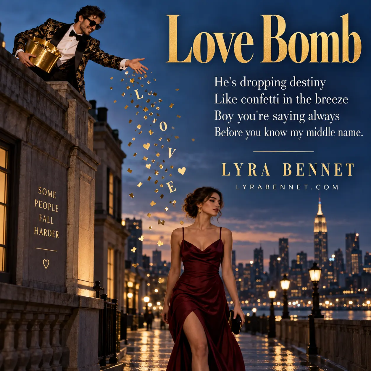 Love Bomb lyric art by Lyra Bennet: He's dropping destiny, Like confetti in the breeze, Boy you're saying always, Before you know my middle name.