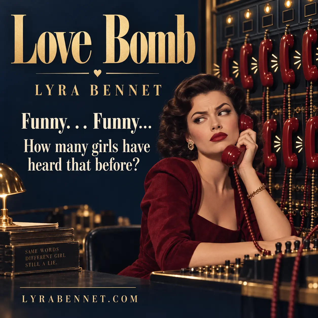 Love Bomb lyric art by Lyra Bennet: Funny. . . Funny..., How many girls have heard that before?