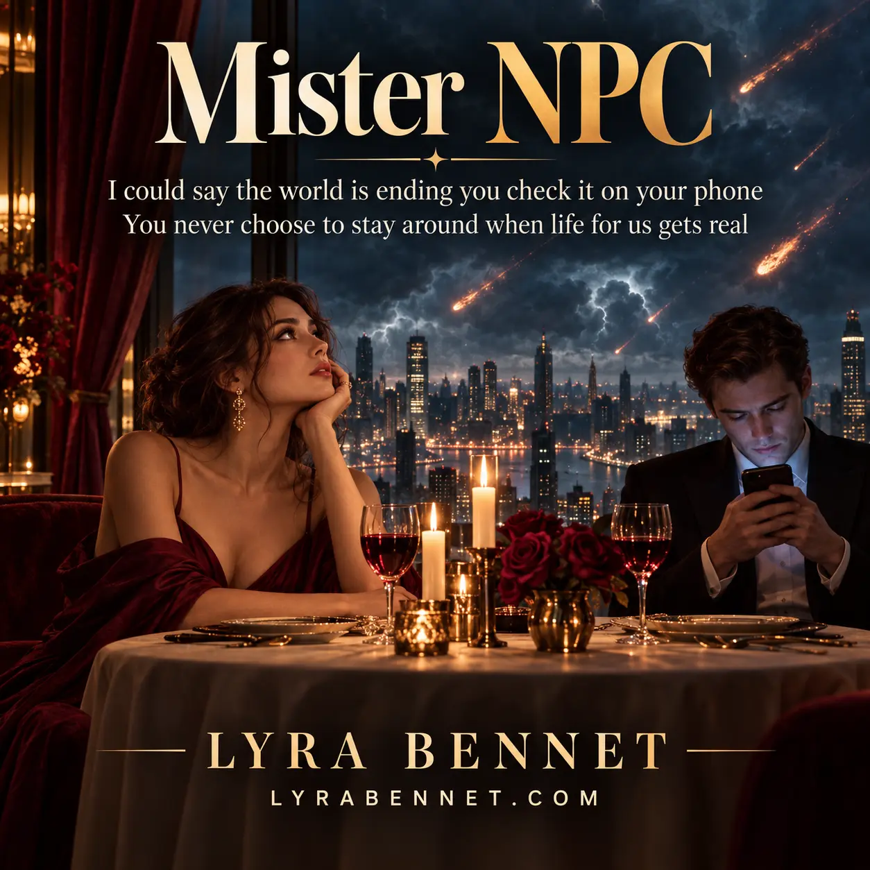 Mister NPC lyric art by Lyra Bennet: I could say the world is ending you check it on your phone, You never choose to stay around when life for us gets real