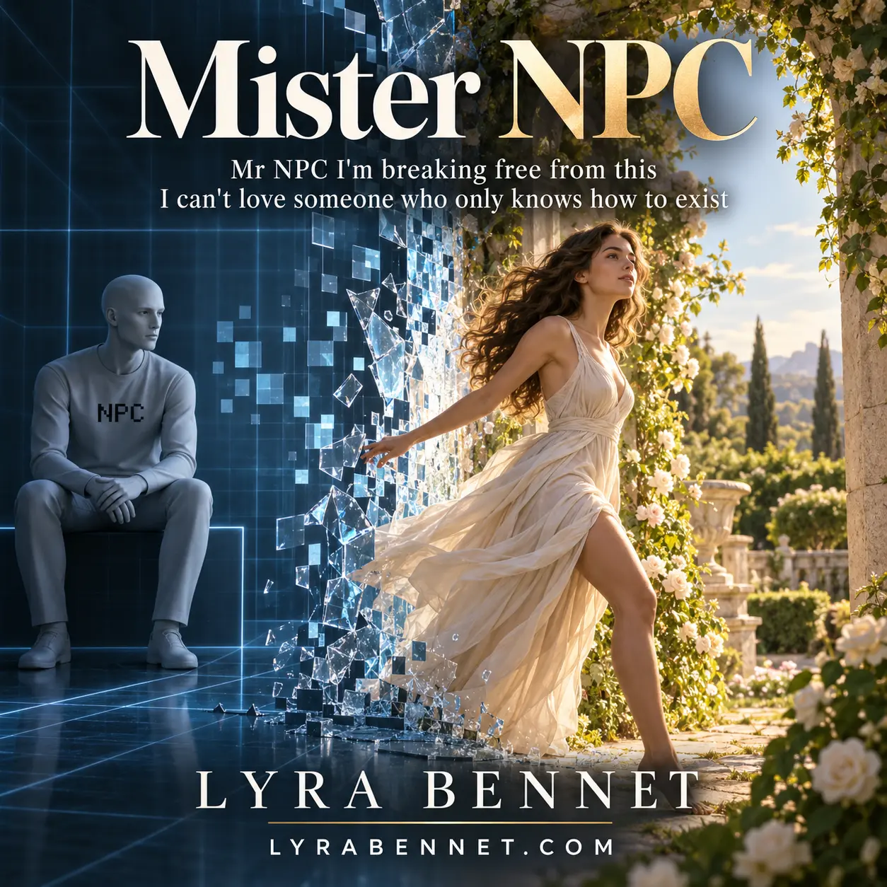 Mister NPC lyric art by Lyra Bennet: Mr NPC I'm breaking free from this, I can't love someone who only knows how to exist