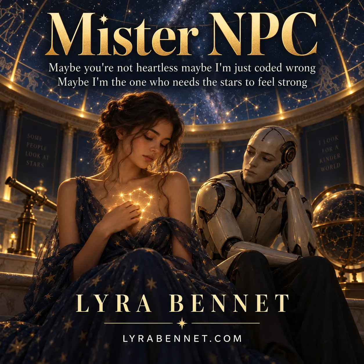 Mister NPC lyric art by Lyra Bennet: Maybe you're not heartless maybe I'm just coded wrong, Maybe I'm the one who needs the stars to feel strong