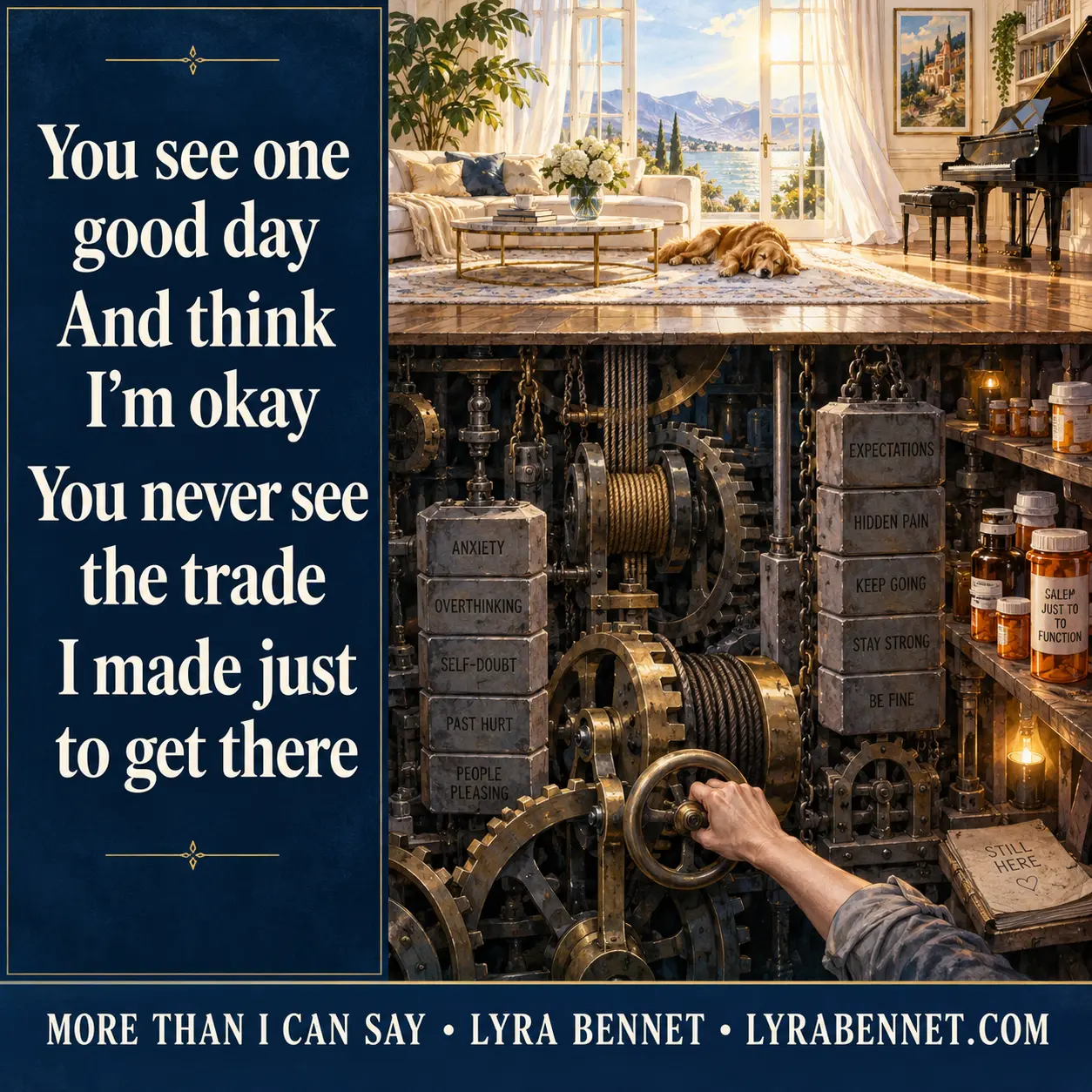More Than I Can Say lyric art by Lyra Bennet: You see one good day, And think I'm okay, You never see the trade, I made just to get there