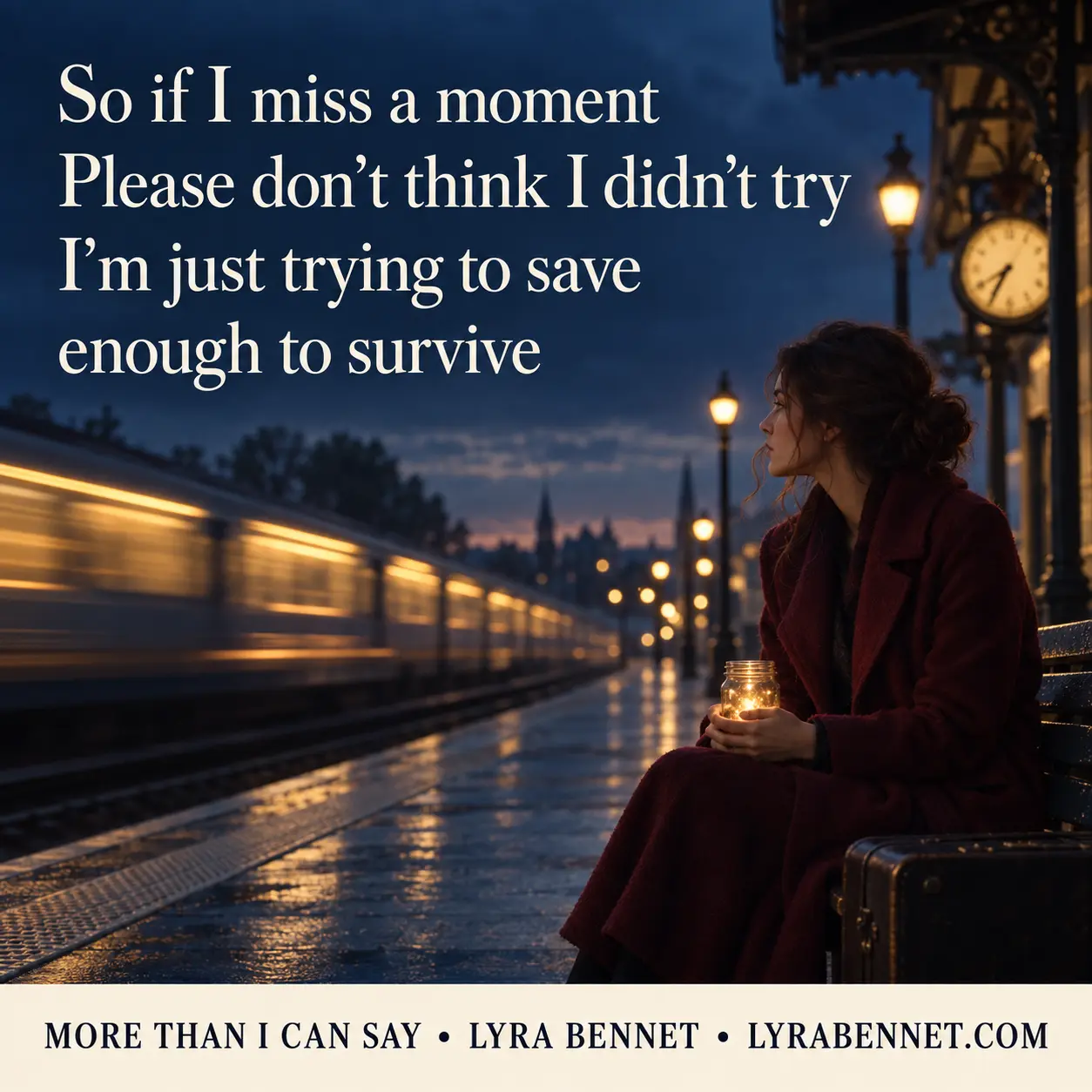 More Than I Can Say lyric art by Lyra Bennet: So if I miss a moment, Please don't think I didn't try, I'm just trying to save, enough to survive