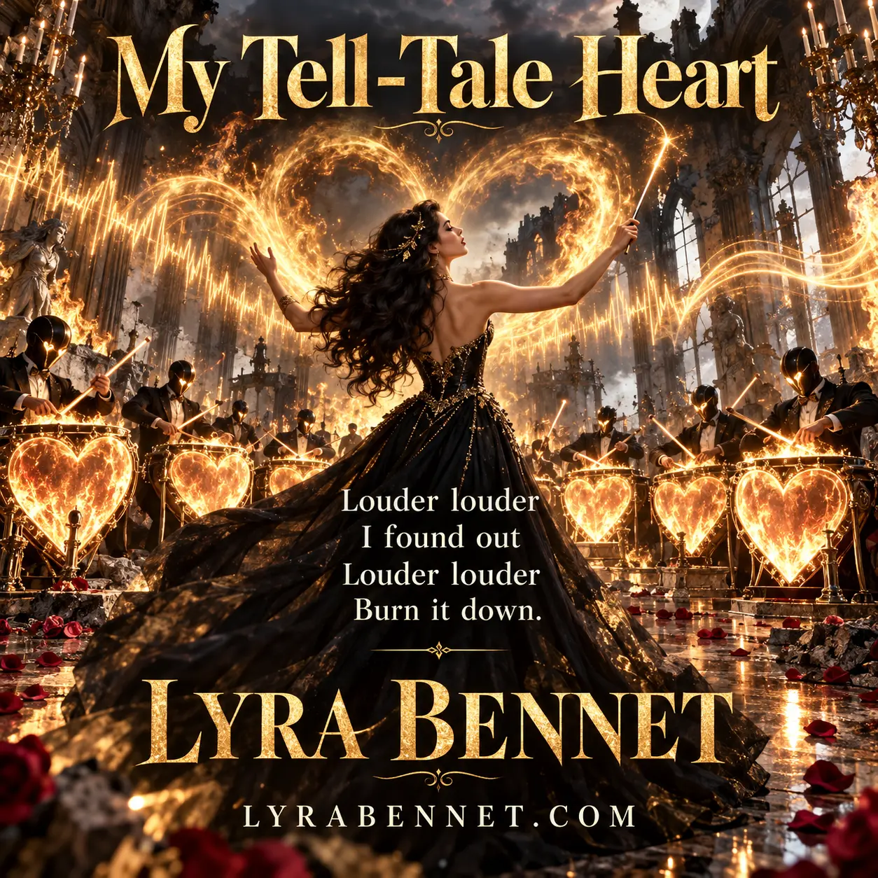 My Tell-Tale Heart lyric art by Lyra Bennet: Louder louder, I found out, Louder louder, Burn it down