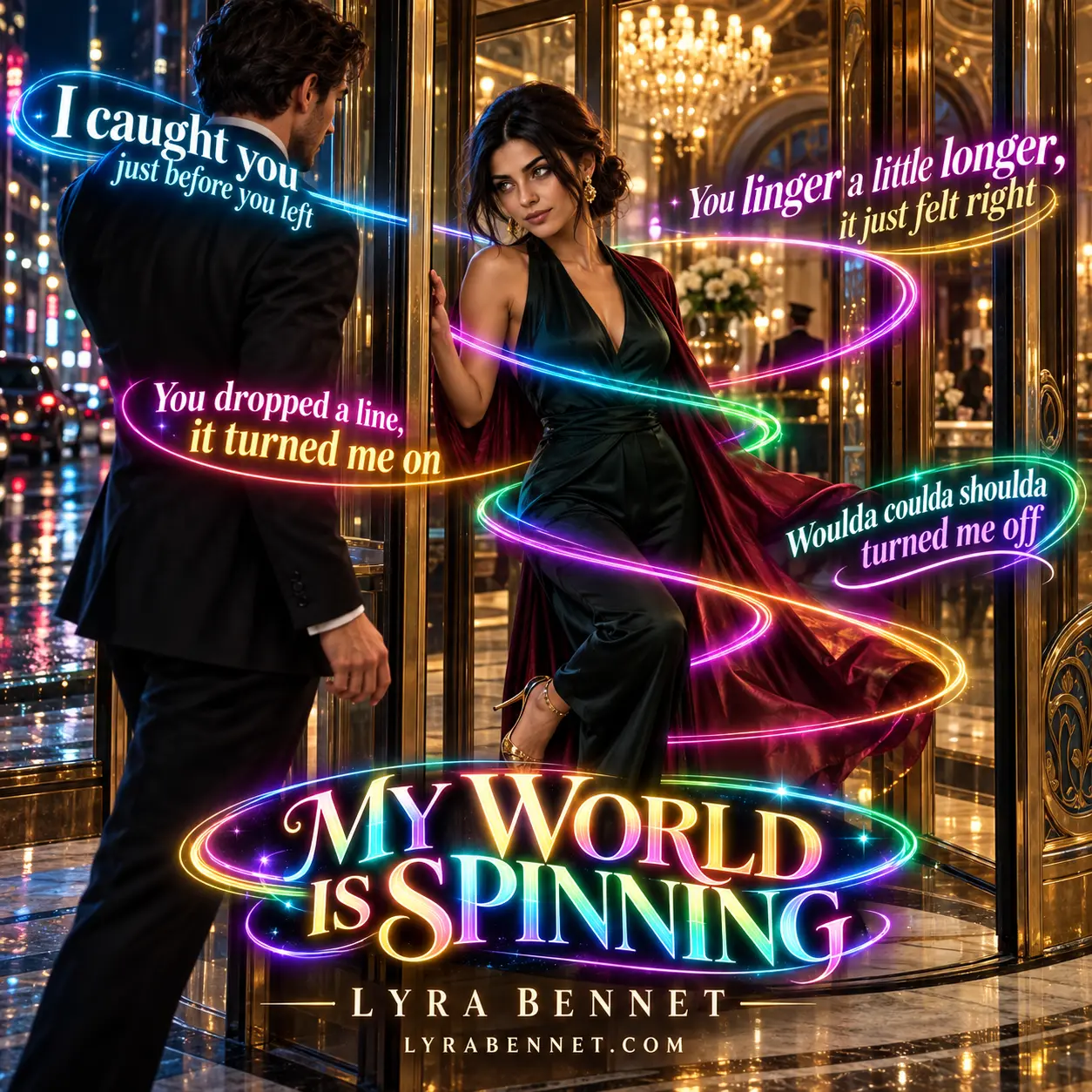 My World Is Spinning lyric art by Lyra Bennet: I caught you just before you left, You linger a little longer, it just felt right, You dropped a line, it turned me on, Woulda coulda shoulda turned me off